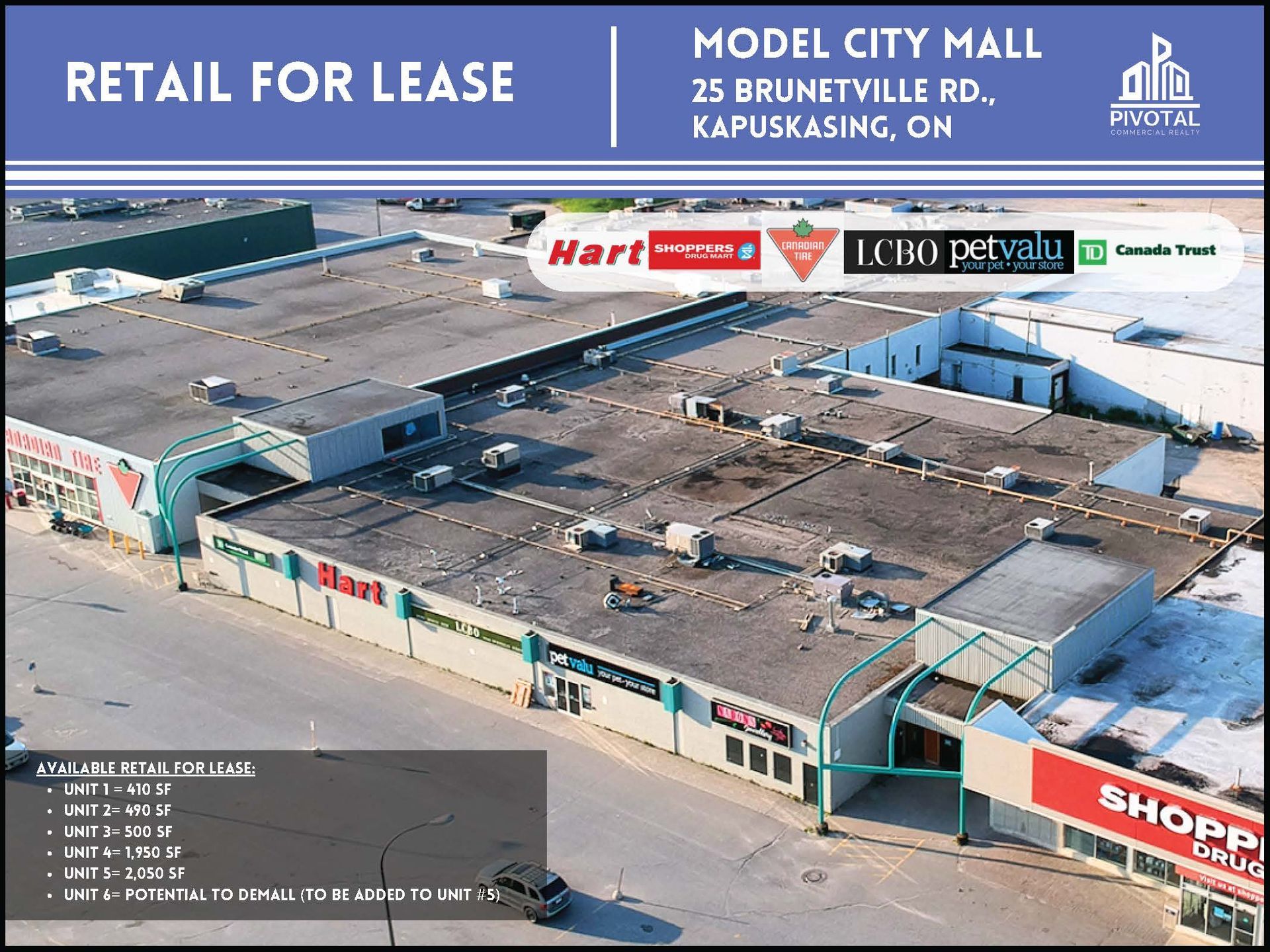 Aerial view of Model City Mall in Kapuskasing, ON, featuring retail logos and a list of available units for lease.