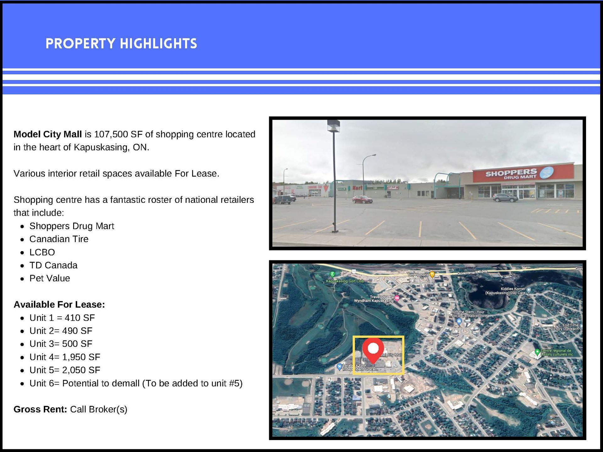 Property highlights flyer for Model City Mall in Kapuskasing, ON, listing store tenants, available units, and location.