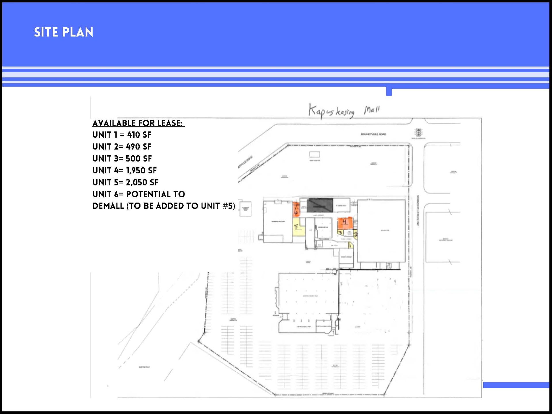 Site plan for Kingsburg Mall showing building layout, parking lot, and a list of available lease units with square footage.