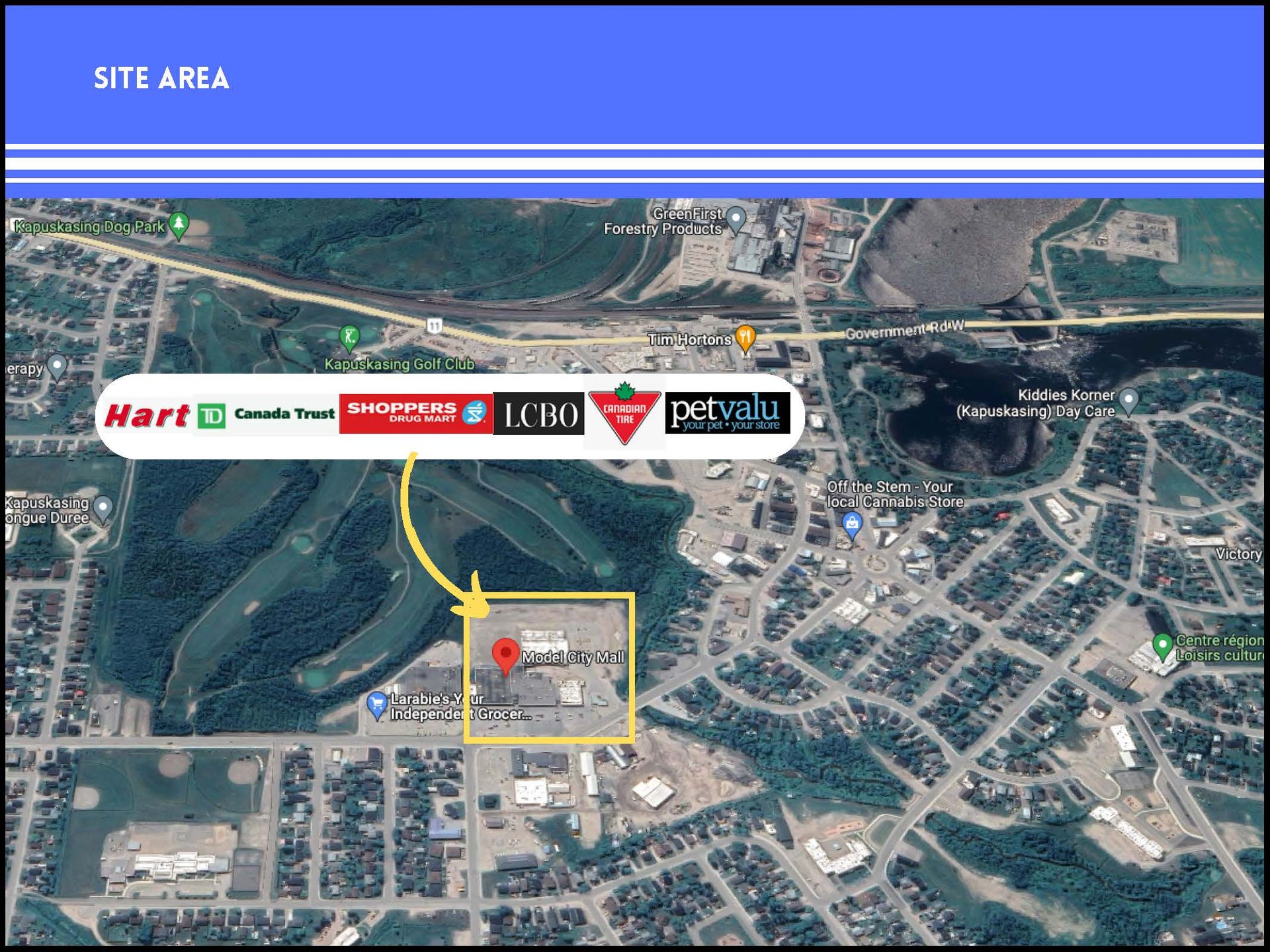 Aerial view of a site area highlighted in yellow, featuring logos for Hart, Canadian Tire, LCBO, and Pet Valu.