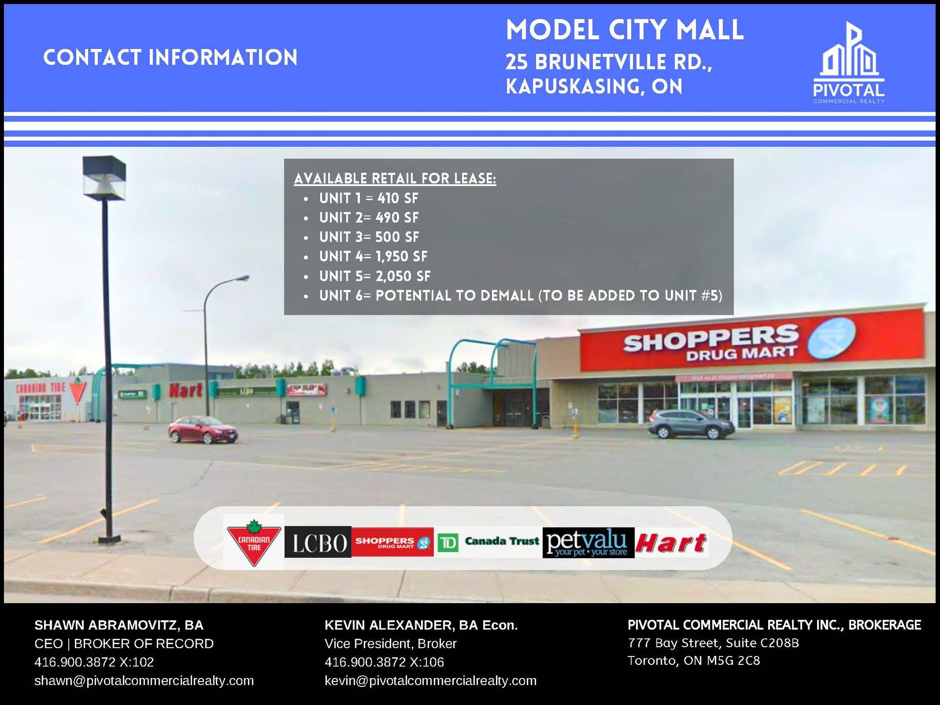 A leasing flyer for Model City Mall in Kapuskasing, ON, listing six available retail units and current tenant logos.