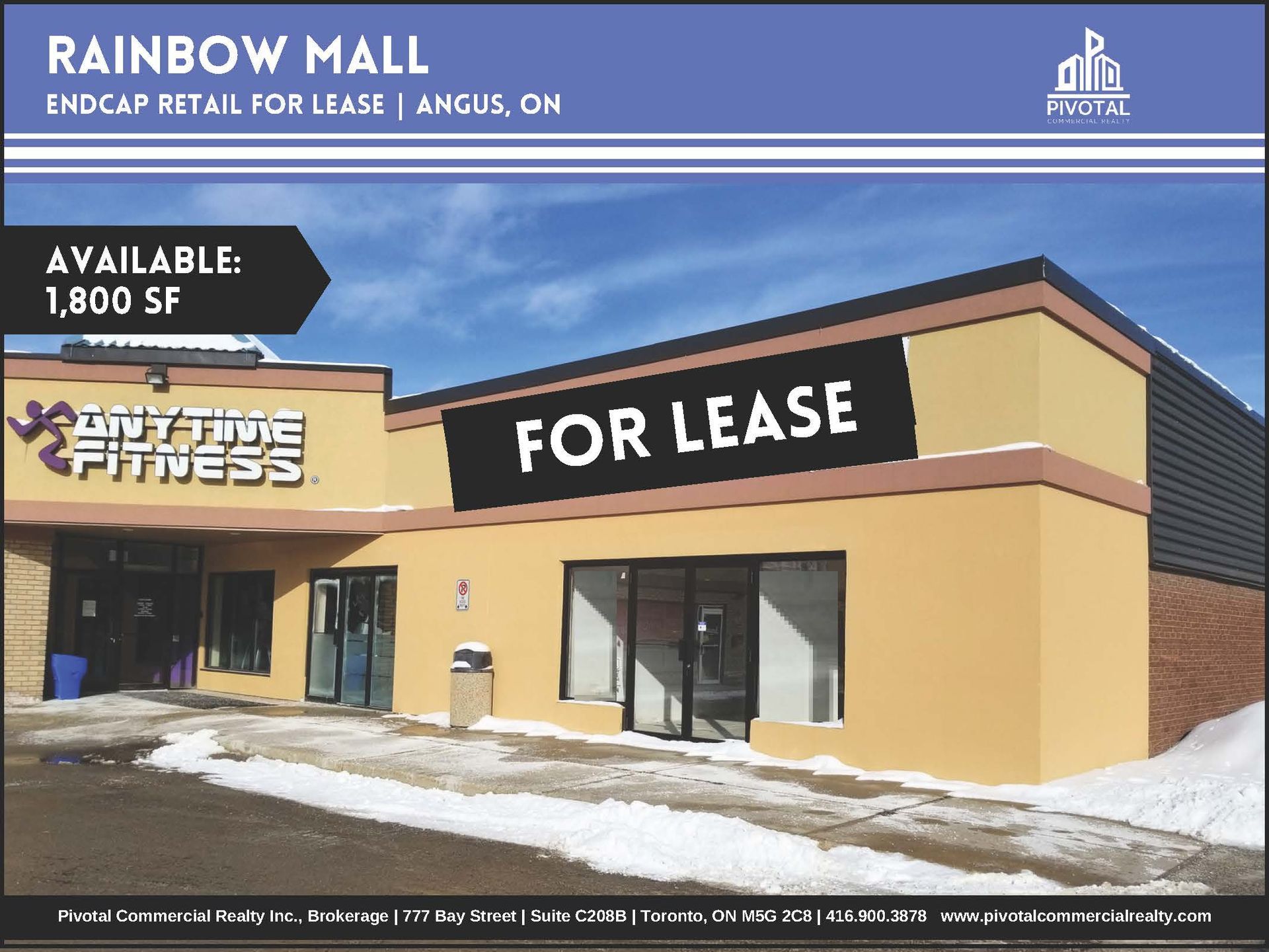 A retail listing for an 1,800 SF endcap space at Rainbow Mall in Angus, ON, featuring a photo of a vacant storefront.
