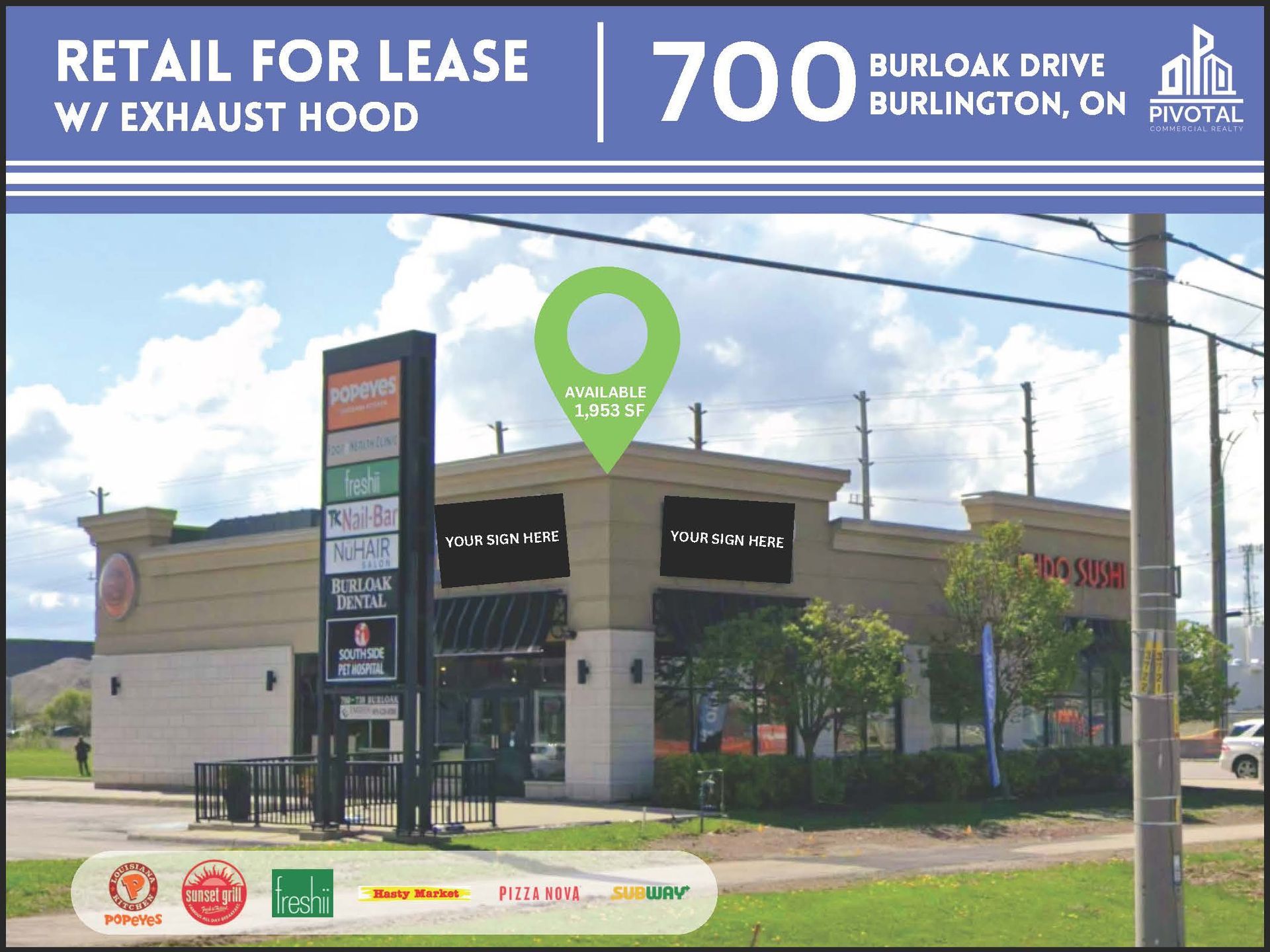 Commercial building at 700 Burloak Drive, Burlington, ON, featuring a prominent pole sign and a green location pin.