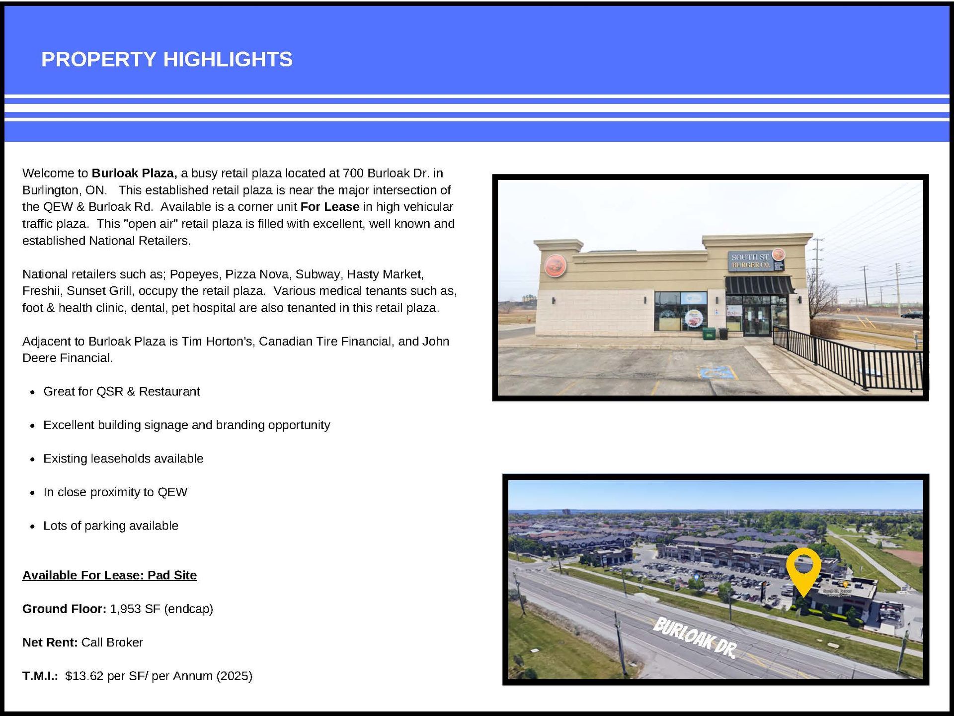 Real estate flyer for Bartech Plaza in Burlington, ON, featuring property highlights and two photos of the retail building.