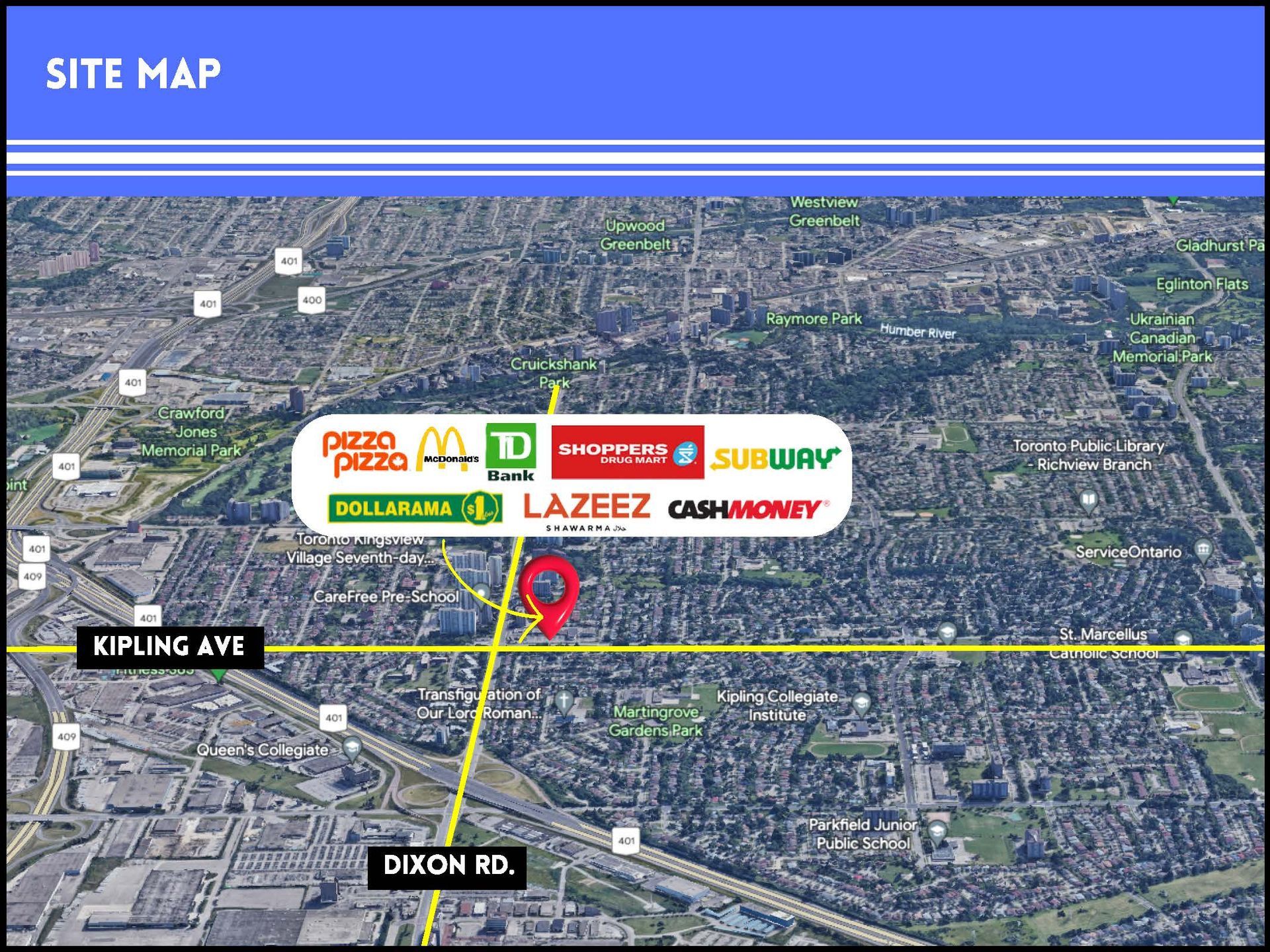 An aerial map showing a site location at the intersection of Kipling Ave and Dixon Rd with surrounding retail logos.