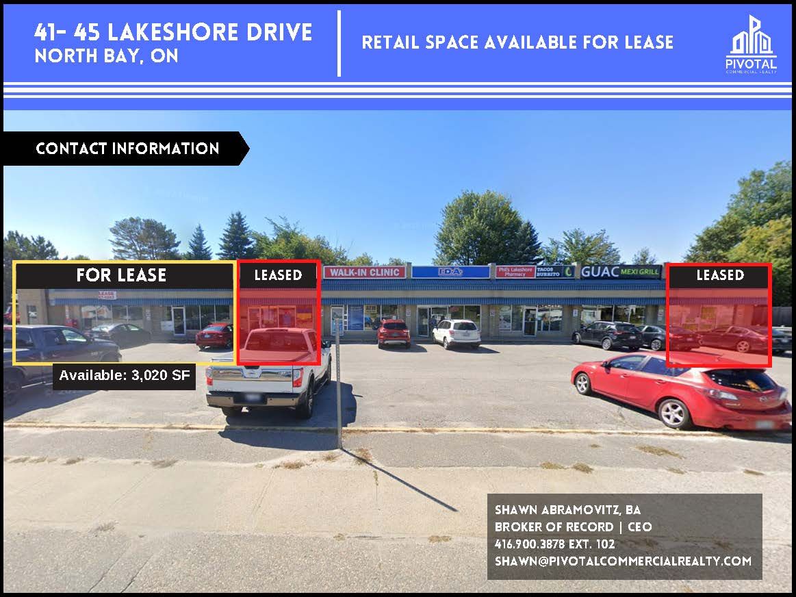 Retail space for lease at 41-45 Lakeshore Drive in North Bay, ON, featuring storefronts with some marked as leased.