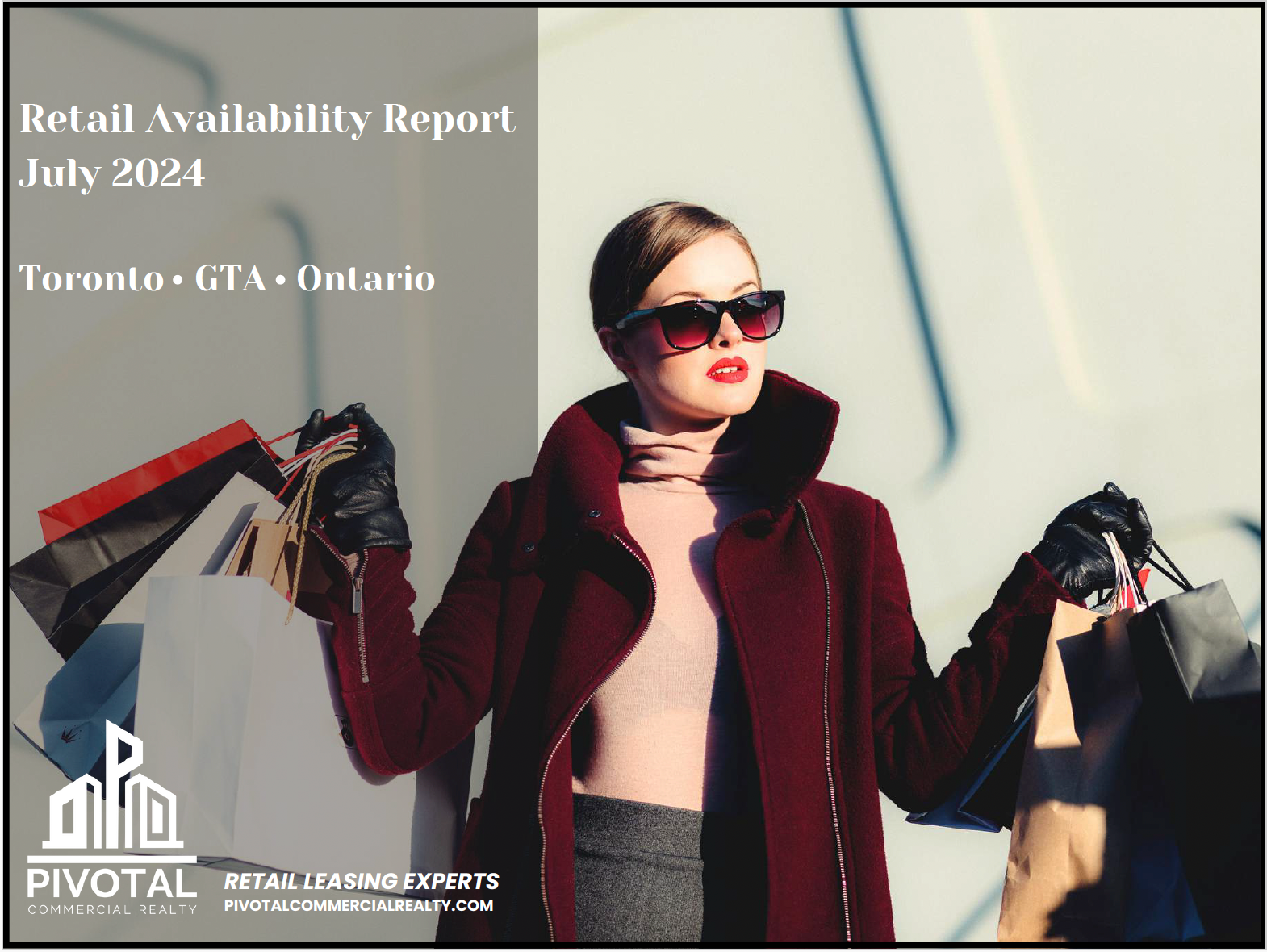 A woman in a red coat and sunglasses holds shopping bags. Text reads: 
