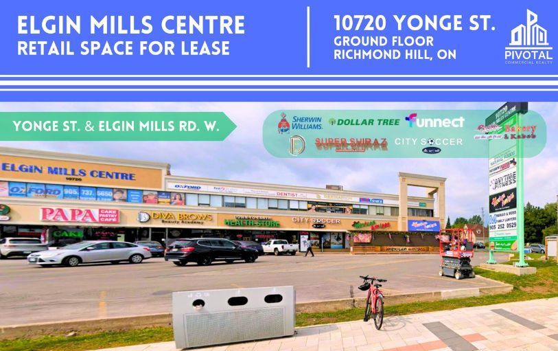 A real estate listing for retail space at Elgin Mills Centre in Richmond Hill, showing the plaza exterior and signage.