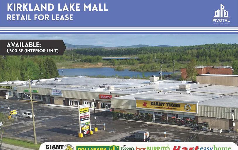 An aerial view of Kirkland Lake Mall with retail for lease, featuring a Giant Tiger store and adjacent parking lot.