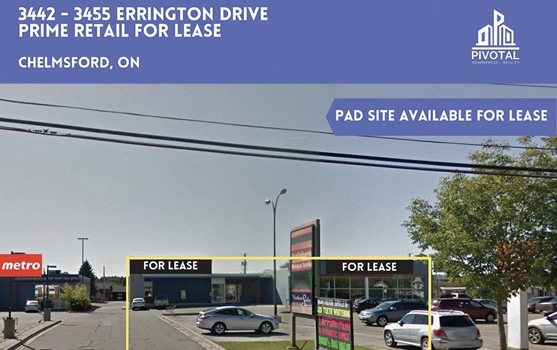 Retail space for lease at 3442-3455 Errington Drive in Chelmsford, ON, featuring a prominent parking lot and sign.