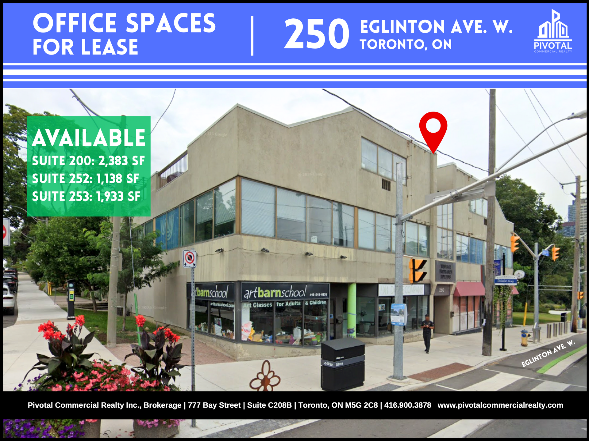 A real estate advertisement showing an office building at 250 Eglinton Ave. W., Toronto, with available square footage listed.
