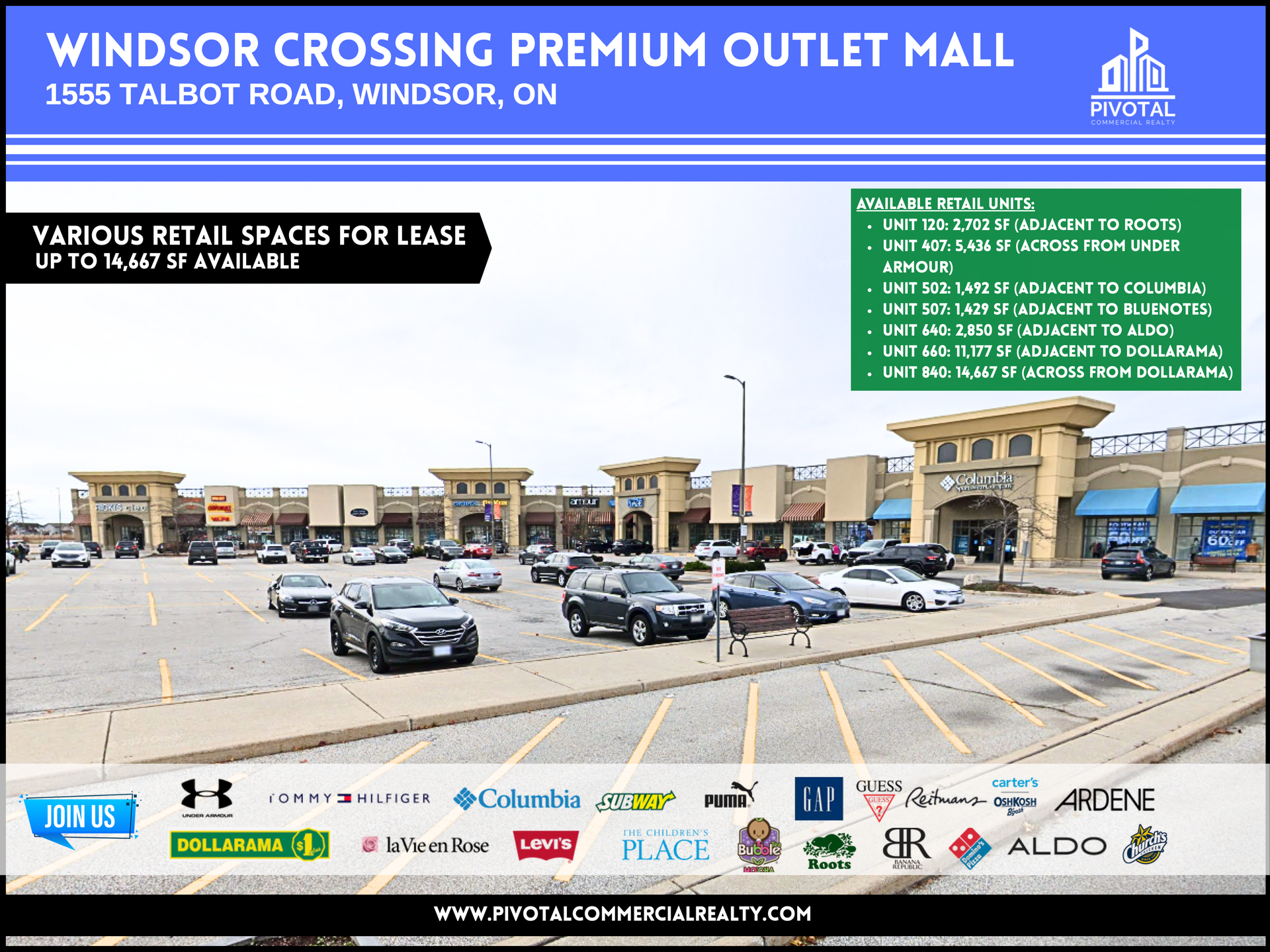 Windsor Crossing Premium Outlet Mall listing showing retail space available for lease with store logos below the building.