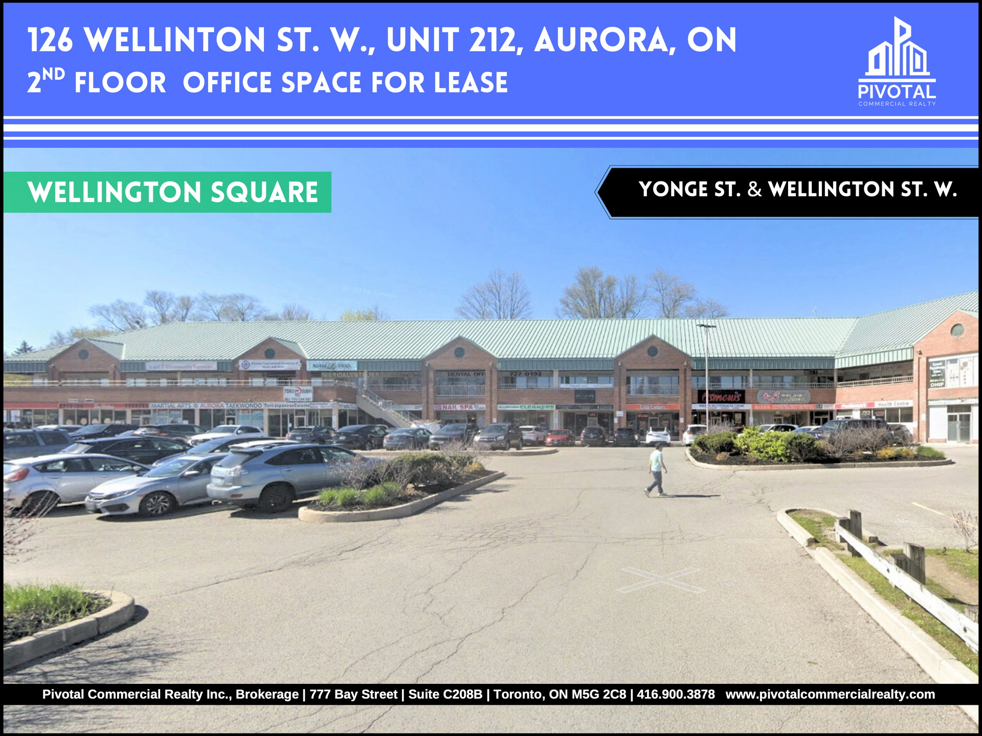 A real estate listing for a 2nd-floor office space at 126 Wellington St. W. in Aurora, showing a commercial plaza exterior.
