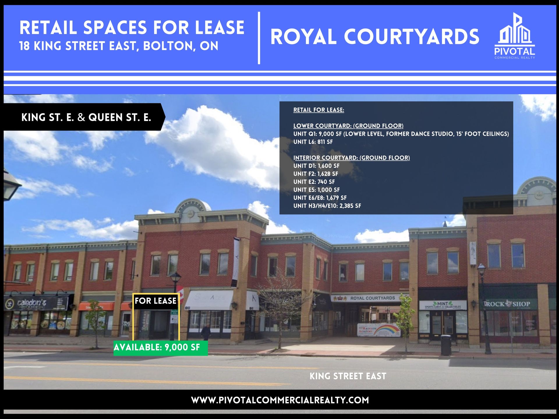 A real estate flyer for Royal Courtyards in Bolton, ON, showing a red-brick shopping plaza with retail spaces for lease.