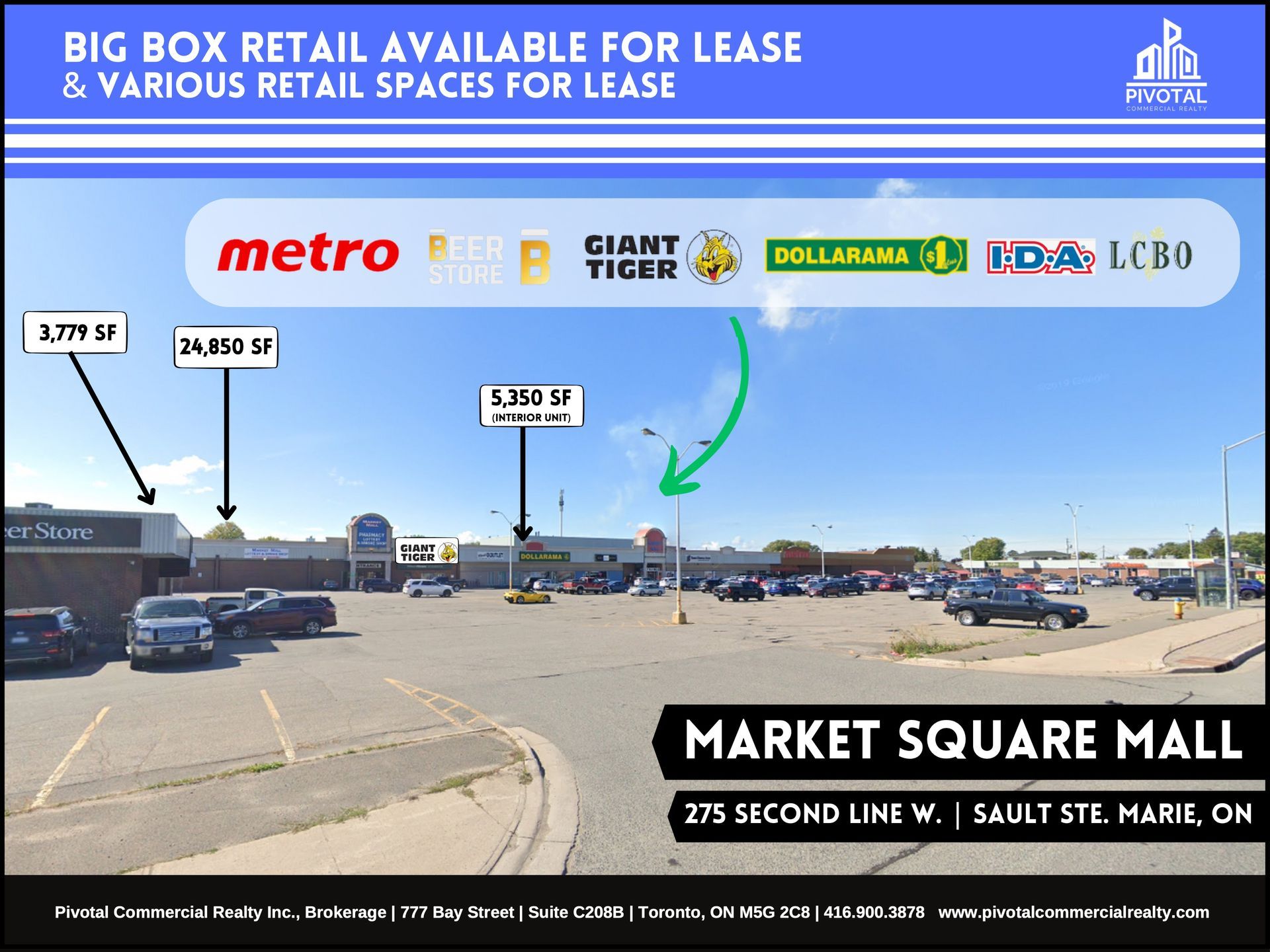 Commercial real estate advertisement for Market Square Mall in Sault Ste. Marie, ON, showing available retail spaces.