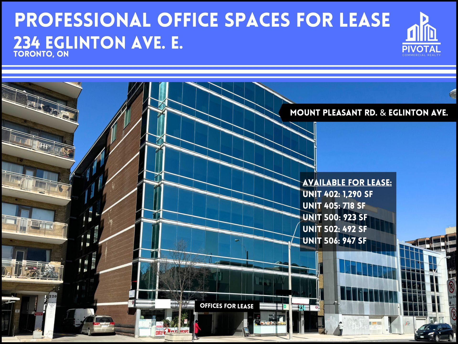 A professional office building at 234 Eglinton Ave. E, Toronto, listing five available rental units with square footage.