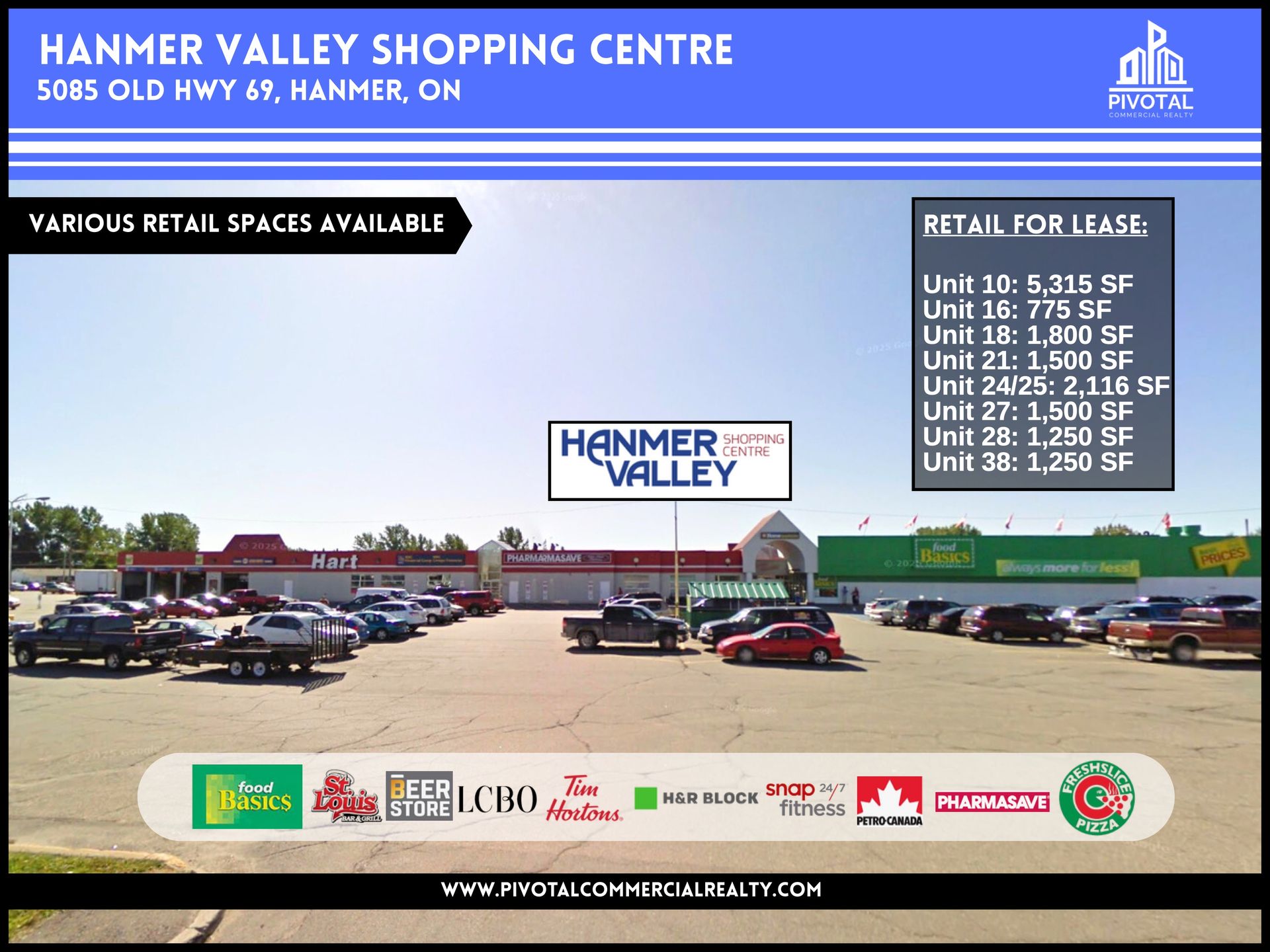 Hanmer Valley Shopping Centre in Hanmer, ON, with a list of available retail spaces and building logos.