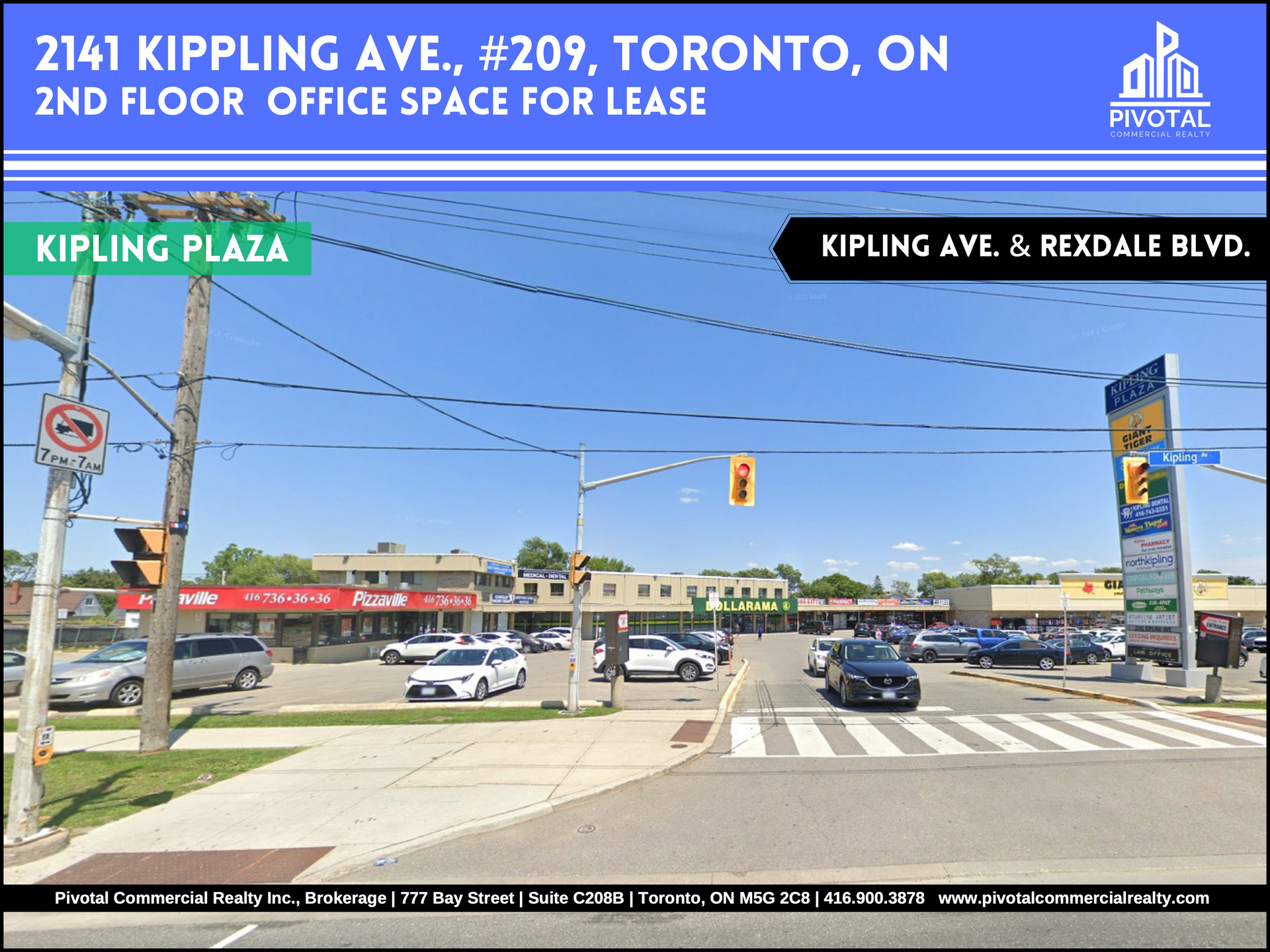 Commercial property listing at 2141 Kipling Ave, Toronto, showing a strip plaza entrance at Kipling and Rexdale Blvd.
