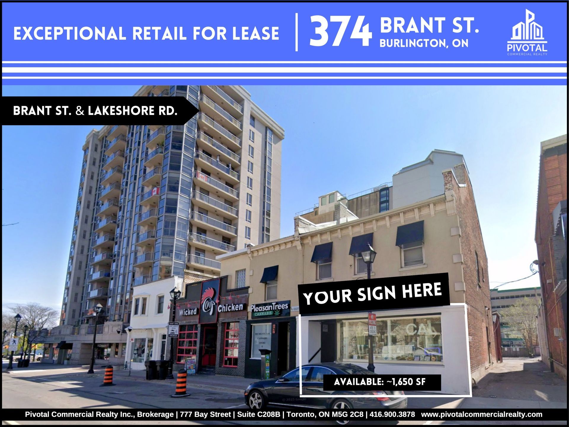 A real estate ad for a retail space at 374 Brant St, Burlington, showing available storefronts on a sunny city street.