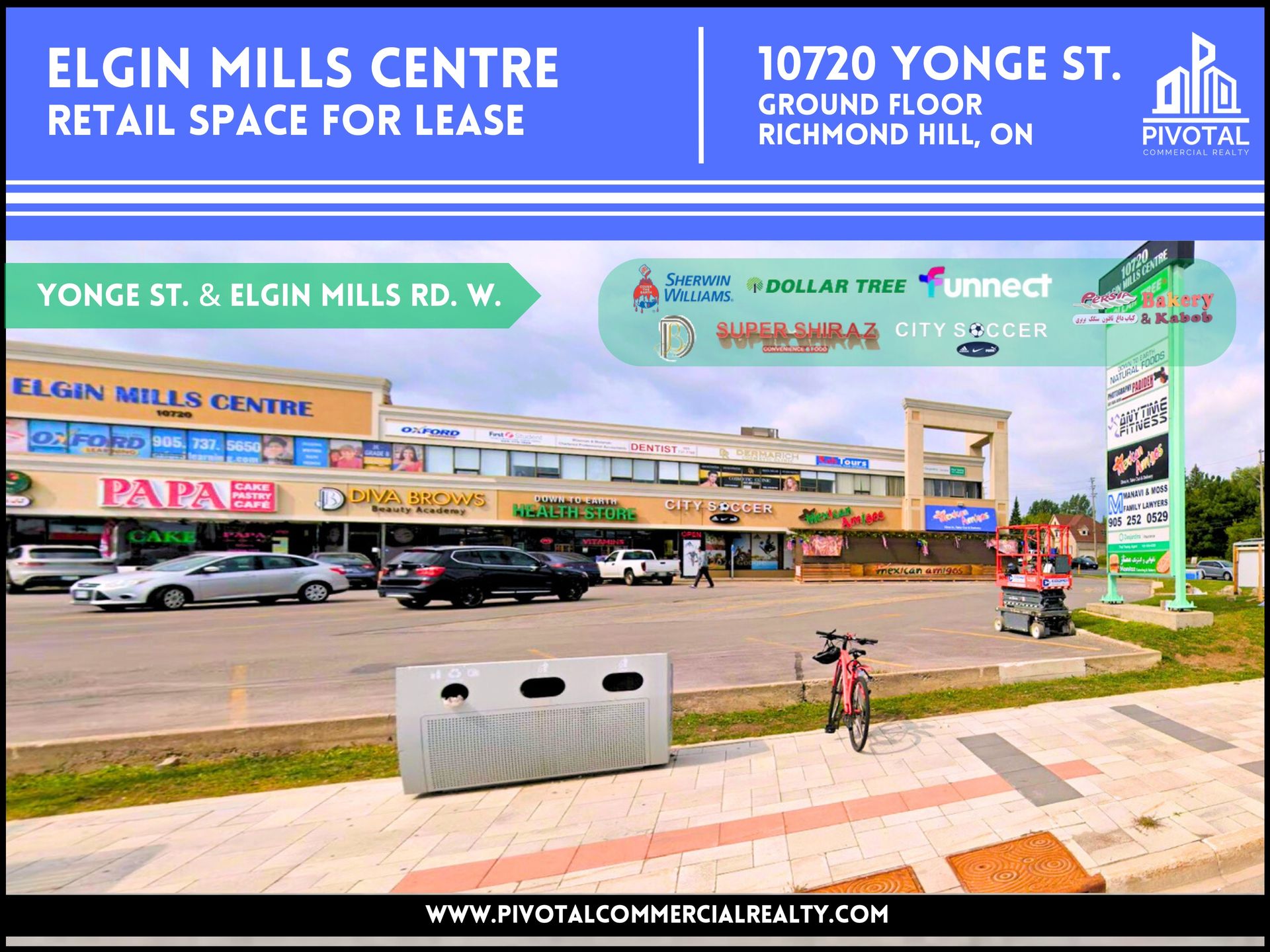 A retail building for lease at 10720 Yonge St, Richmond Hill, featuring a parking lot, signage, and nearby businesses.