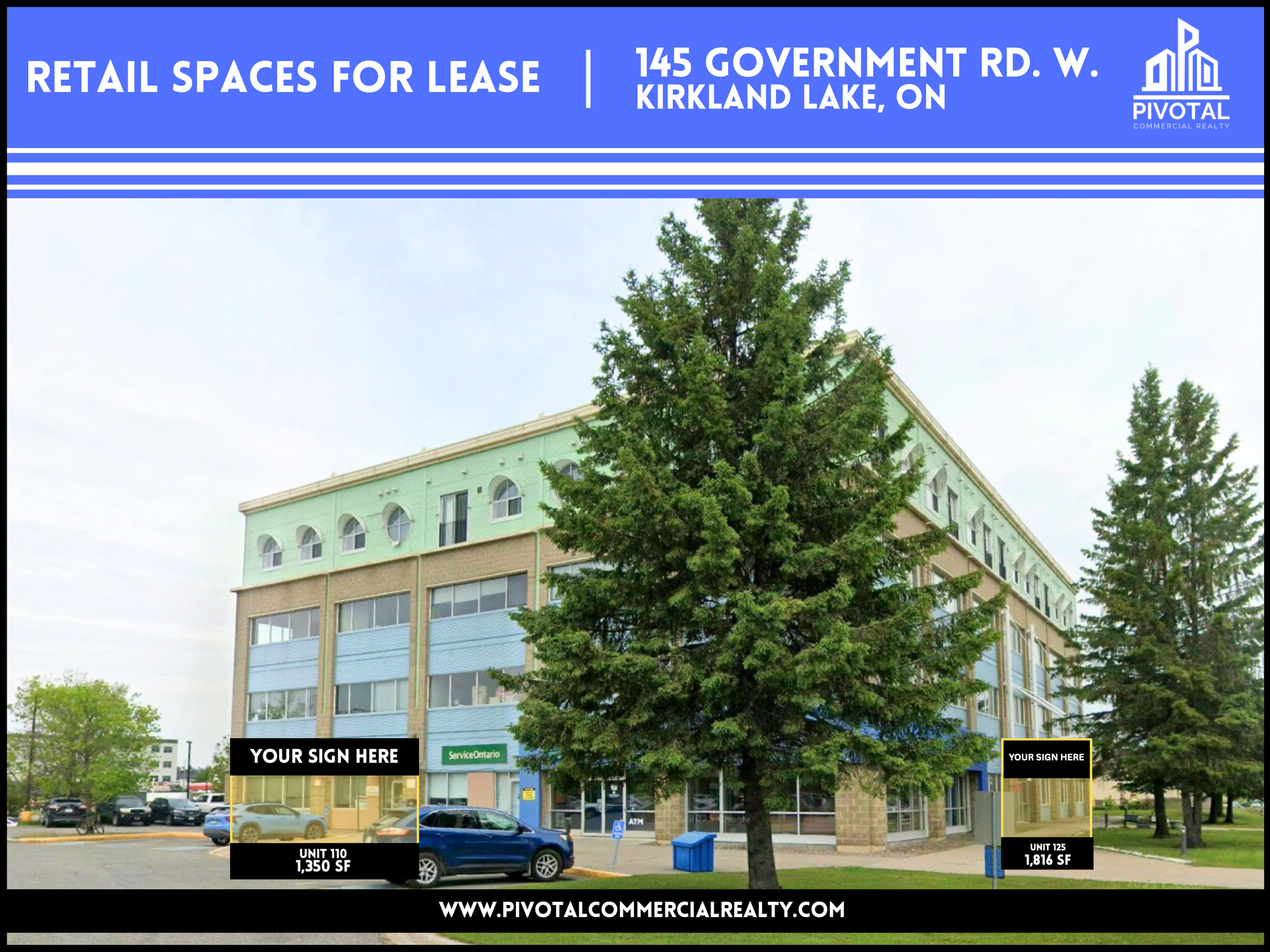 A three-story commercial building at 145 Government Rd. W. in Kirkland Lake, ON, with retail space for lease.