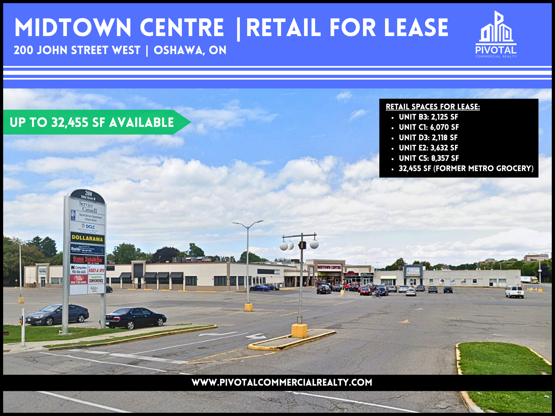 Midtown Centre retail plaza in Oshawa, Ontario with a large parking lot and text listing available lease units.