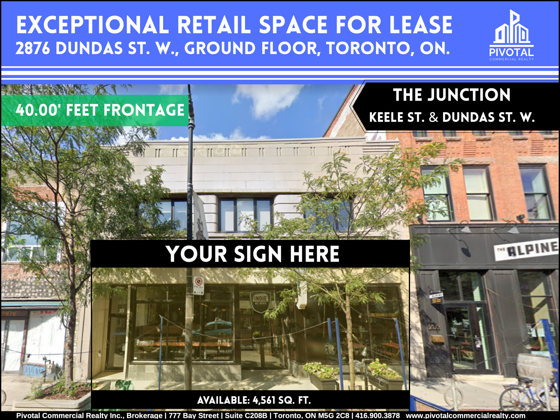 Real estate flyer for a retail space at 2876 Dundas St. W., Toronto, featuring a storefront with 40 feet of frontage.