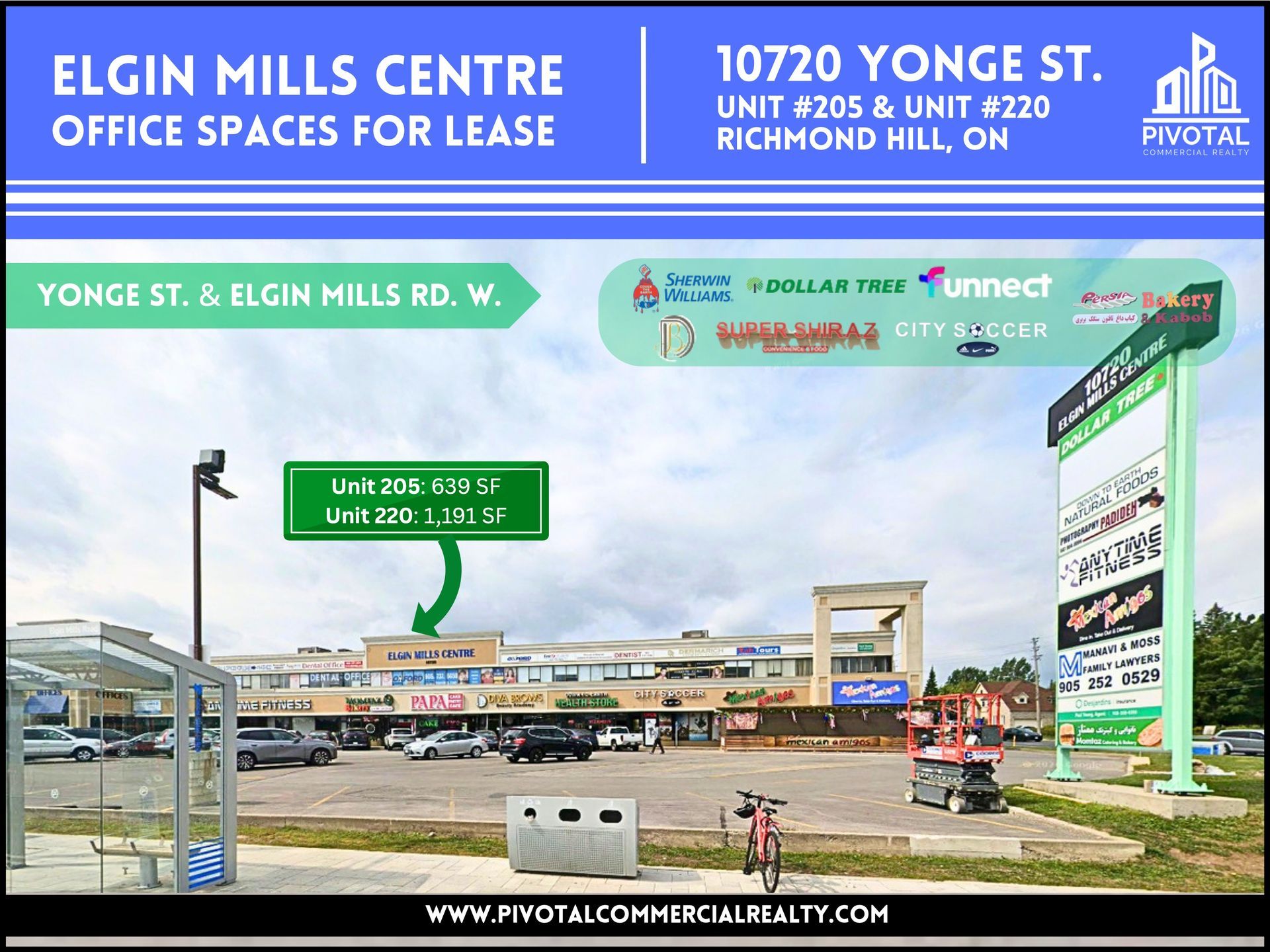 A rental sign for office spaces at Elgin Mills Centre in Richmond Hill, ON, featuring two units for lease in a plaza.