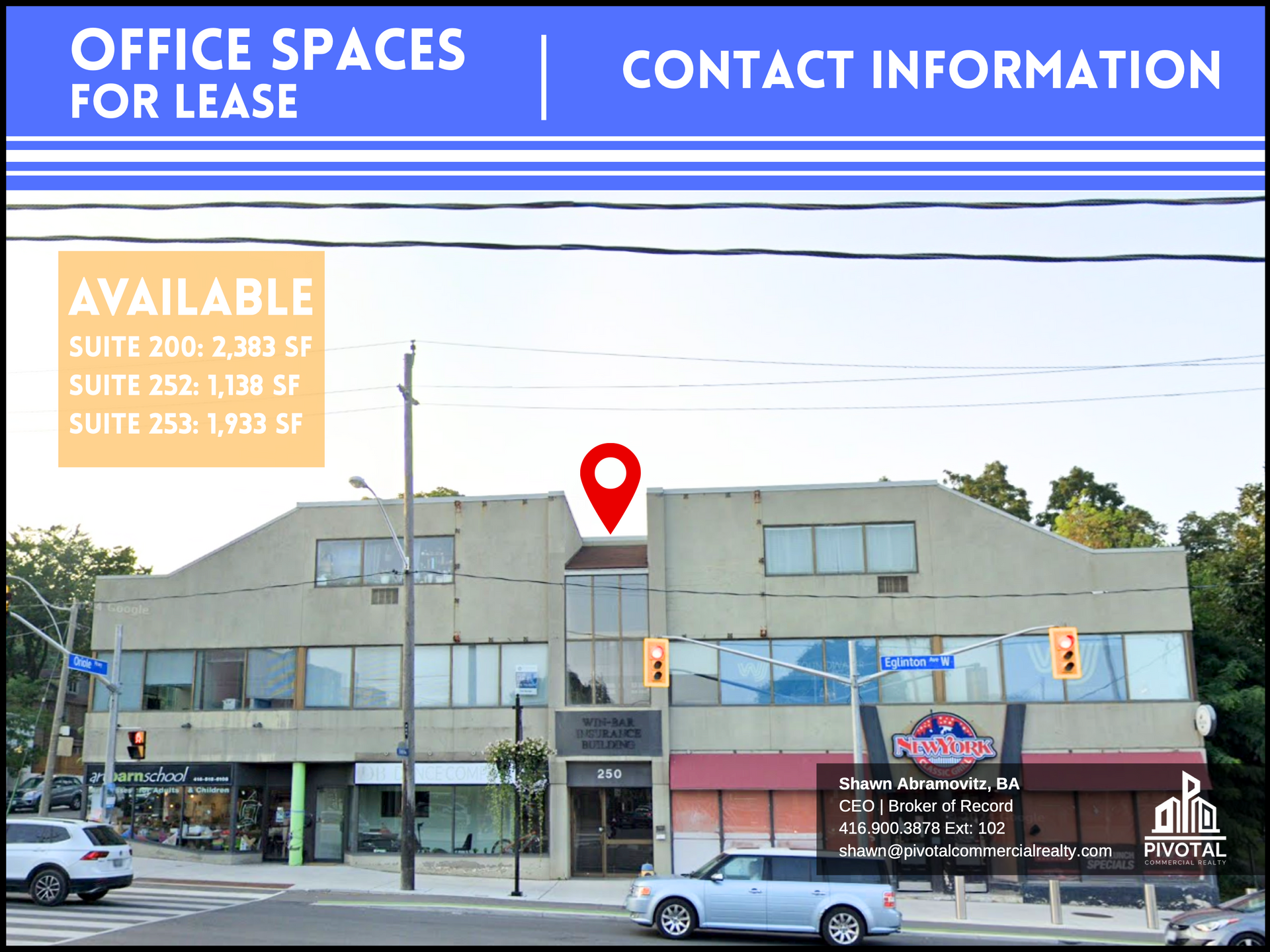 A commercial building for lease with available suite information and contact details highlighted on the image.