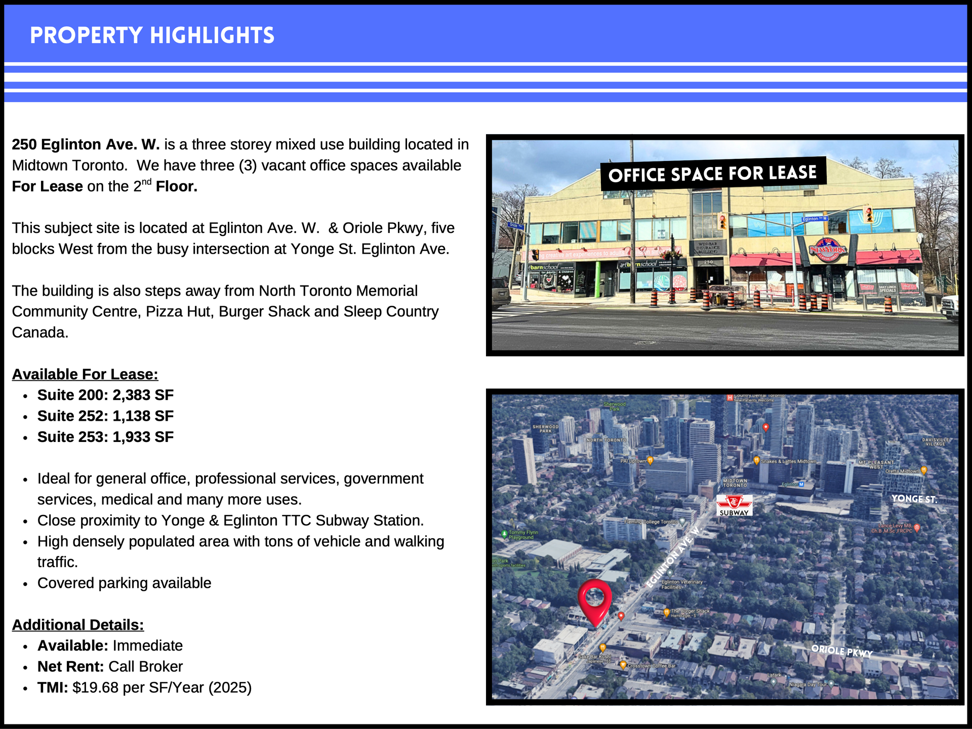 Real estate flyer for office space at 250 Eglinton Ave W, Toronto, showing building, aerial view, and lease details.