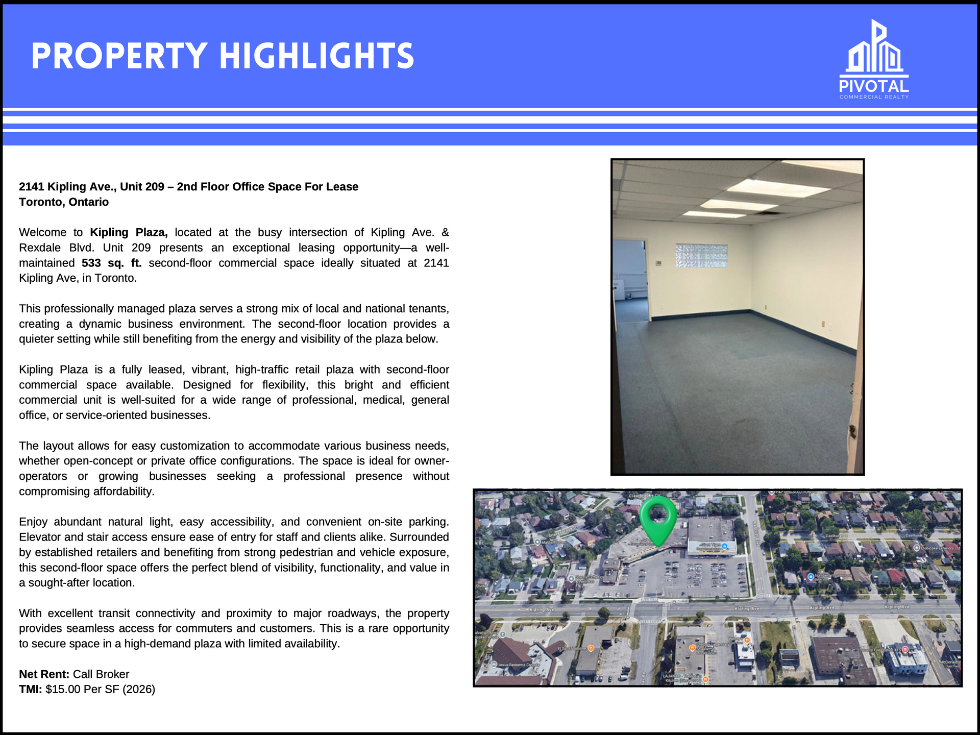 Property highlight flyer for a second-floor office space for lease, featuring a photo of an office and an aerial map.