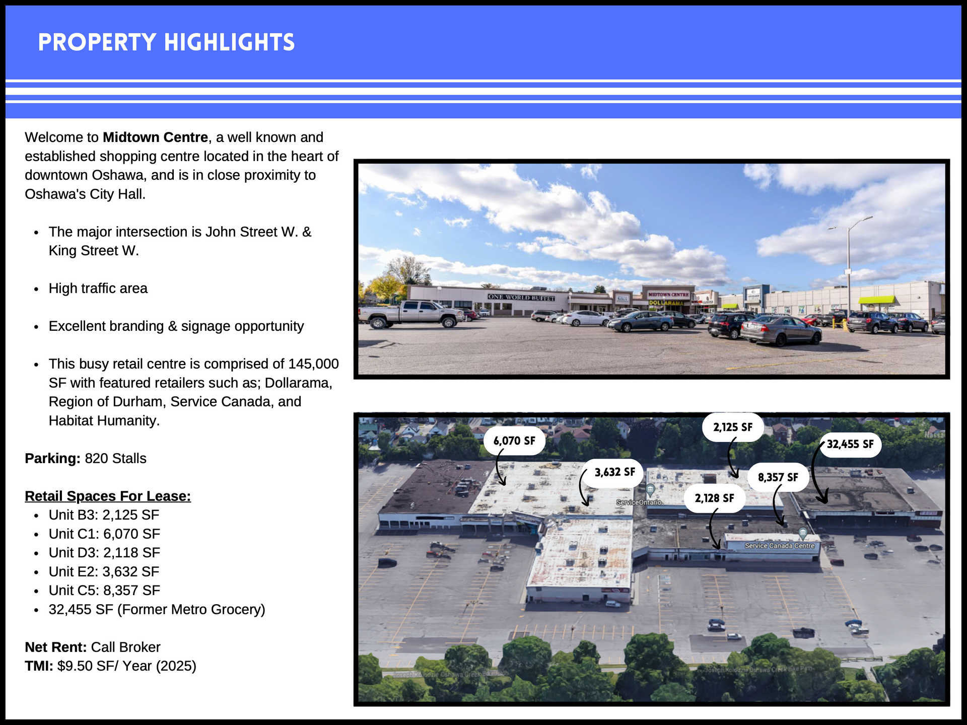 Property highlights for Medland Centre in Oshawa, featuring a site overview, parking details, and available retail units.