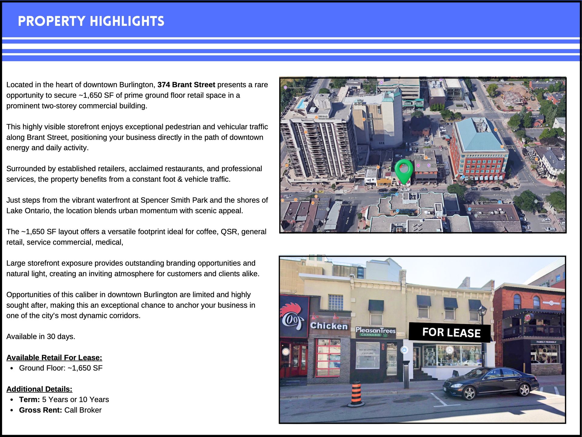 Real estate flyer for a downtown commercial property, featuring an aerial map view and a street-level photo of the storefront.