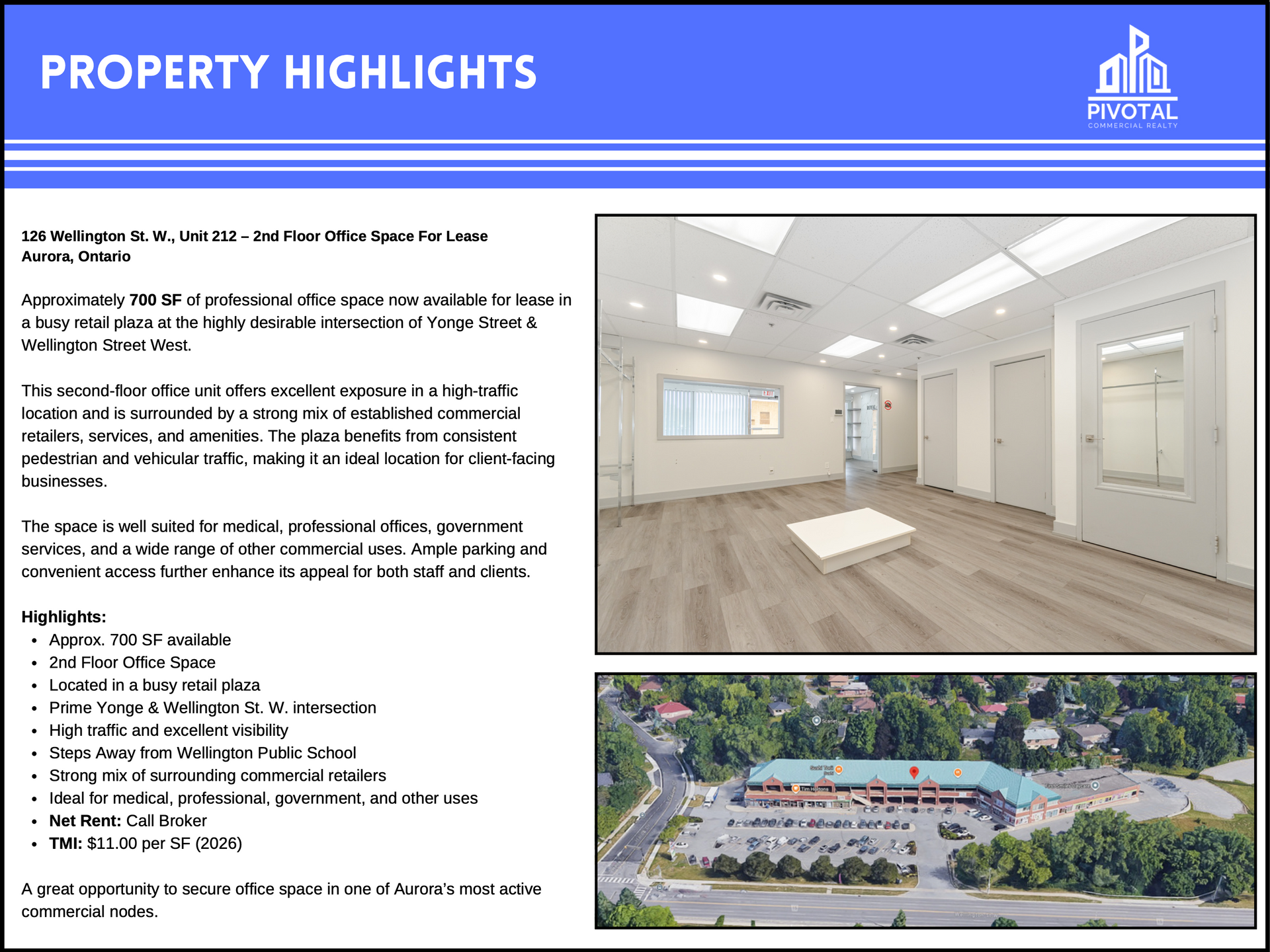 Property flyer for a 750 SF office space for lease in Aurora, Ontario, featuring an interior photo and aerial view.