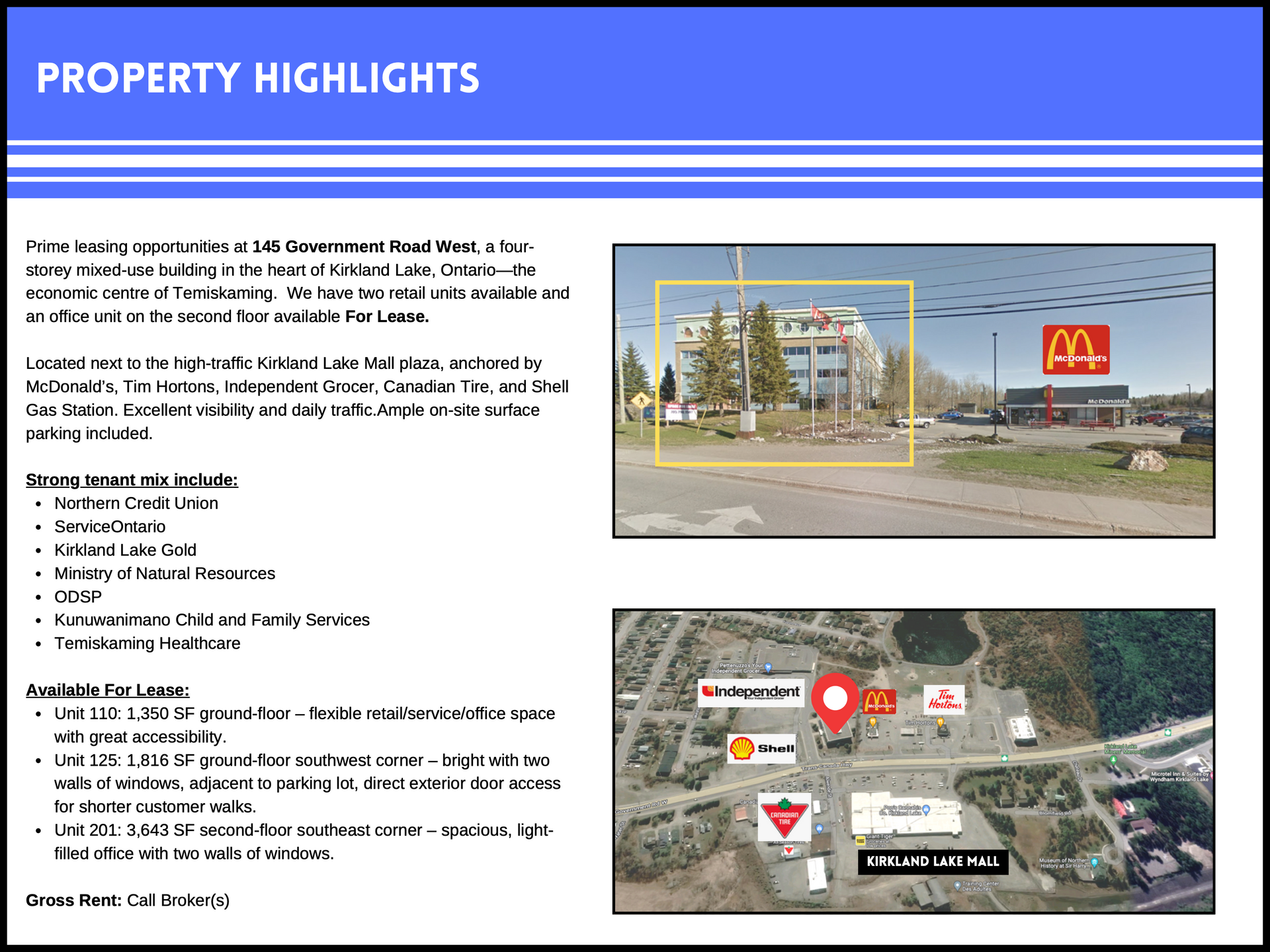 Property highlights document featuring building photos, location map, current tenant list, and available leasing space info.