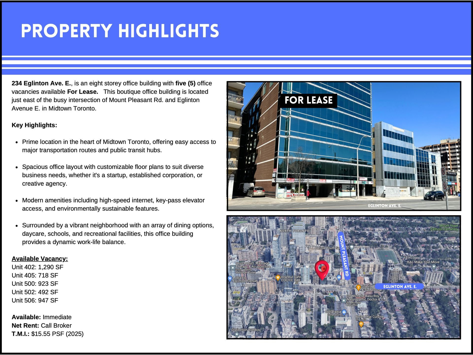 A property listing for 650 Eglinton Ave. E., featuring building photos, location map, highlights, and available square footage.