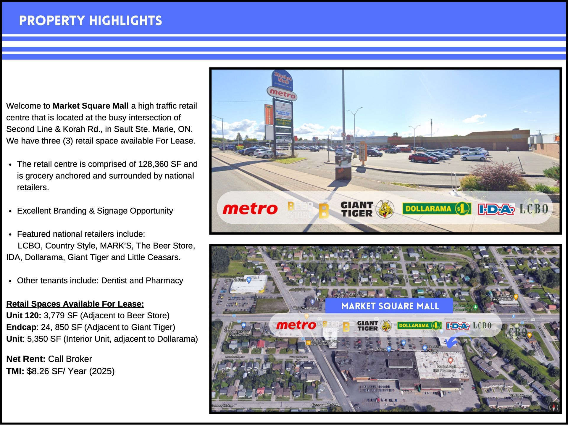 Property highlights for Market Square Mall, featuring photos of the plaza, list of tenants, and retail leasing details.