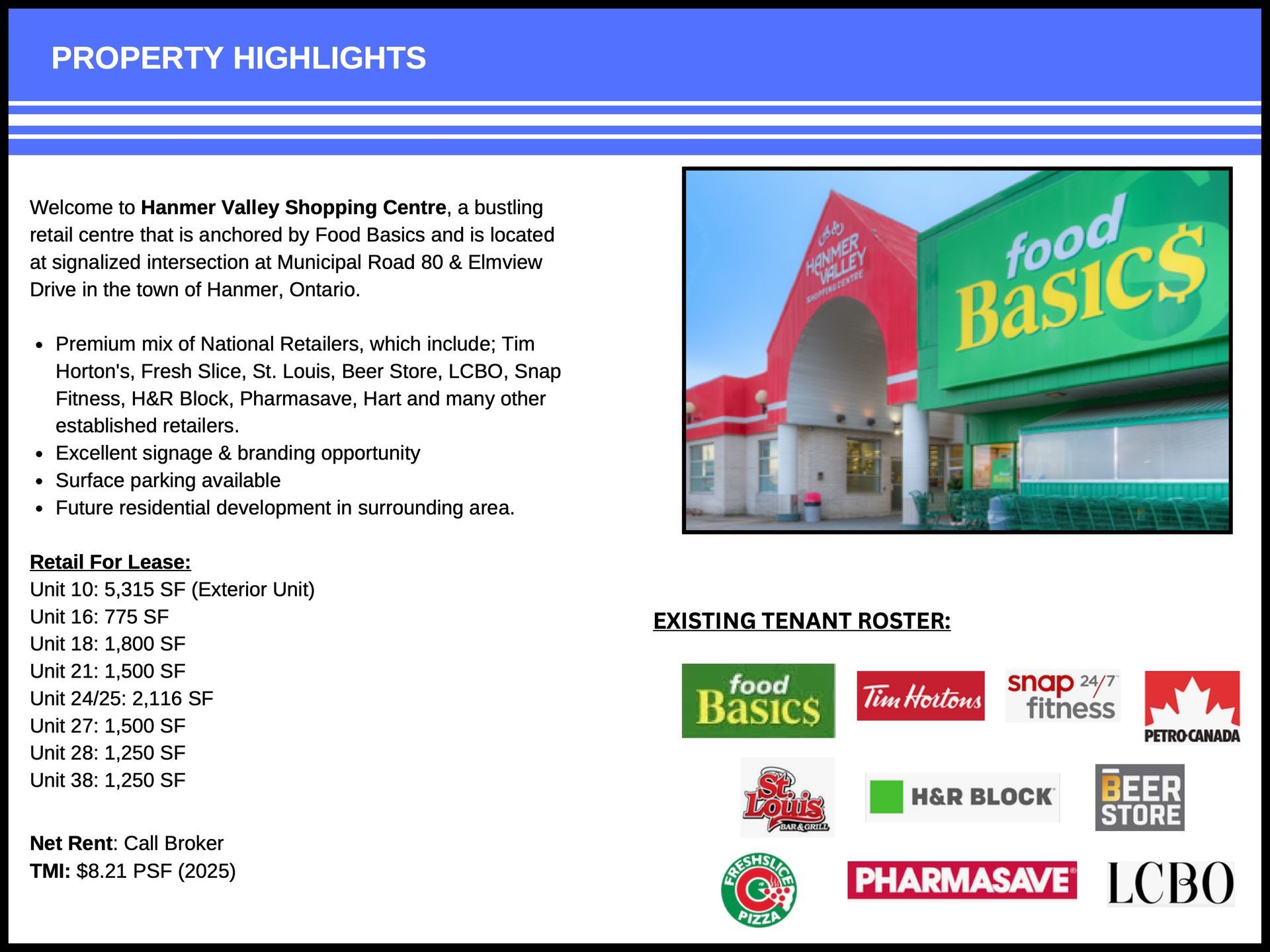 Property highlights and tenant roster for Summer Valley Shopping Centre in Val Caron, Ontario.