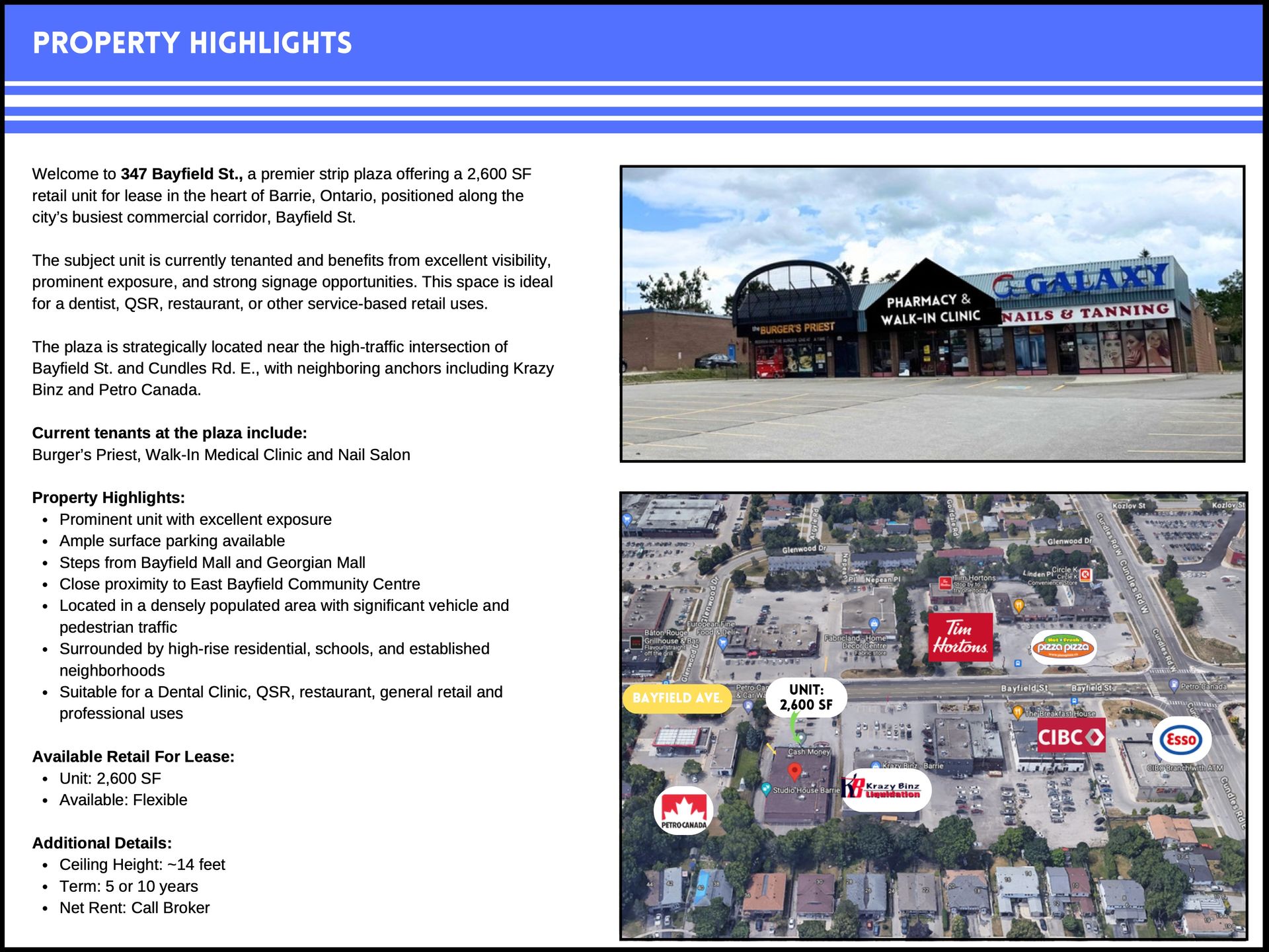 Property listing featuring images of a retail plaza and an aerial map with nearby local businesses and highlights.