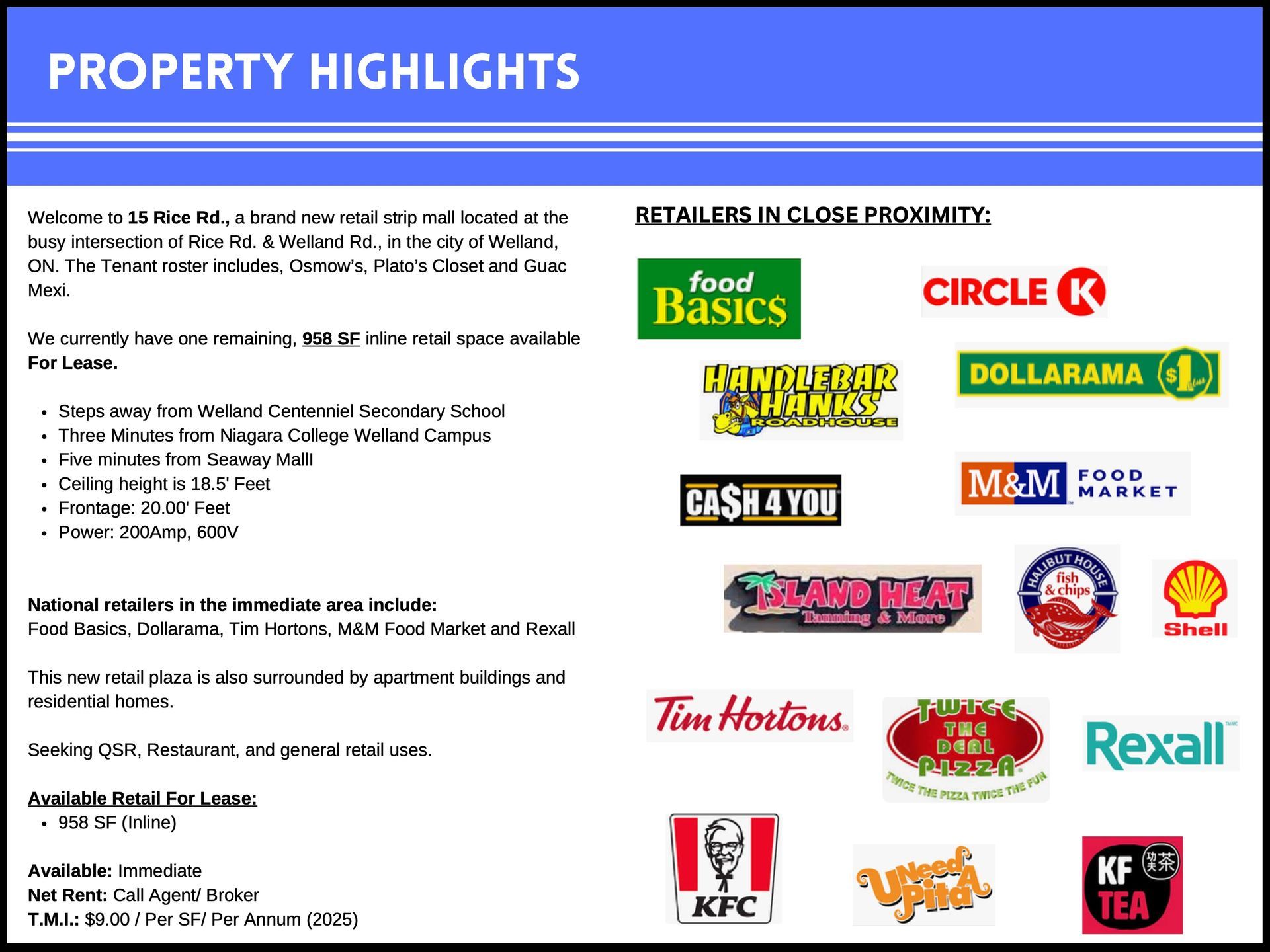 Property highlights flyer for a Welland, ON retail space, featuring listing details and nearby brand name retailers.