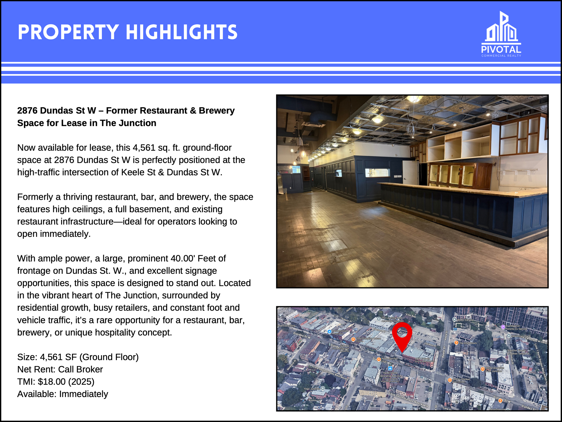 A property flyer for a 4,500 sq. ft. former restaurant and brewery space for lease at 2878 Dundas St W in Toronto.
