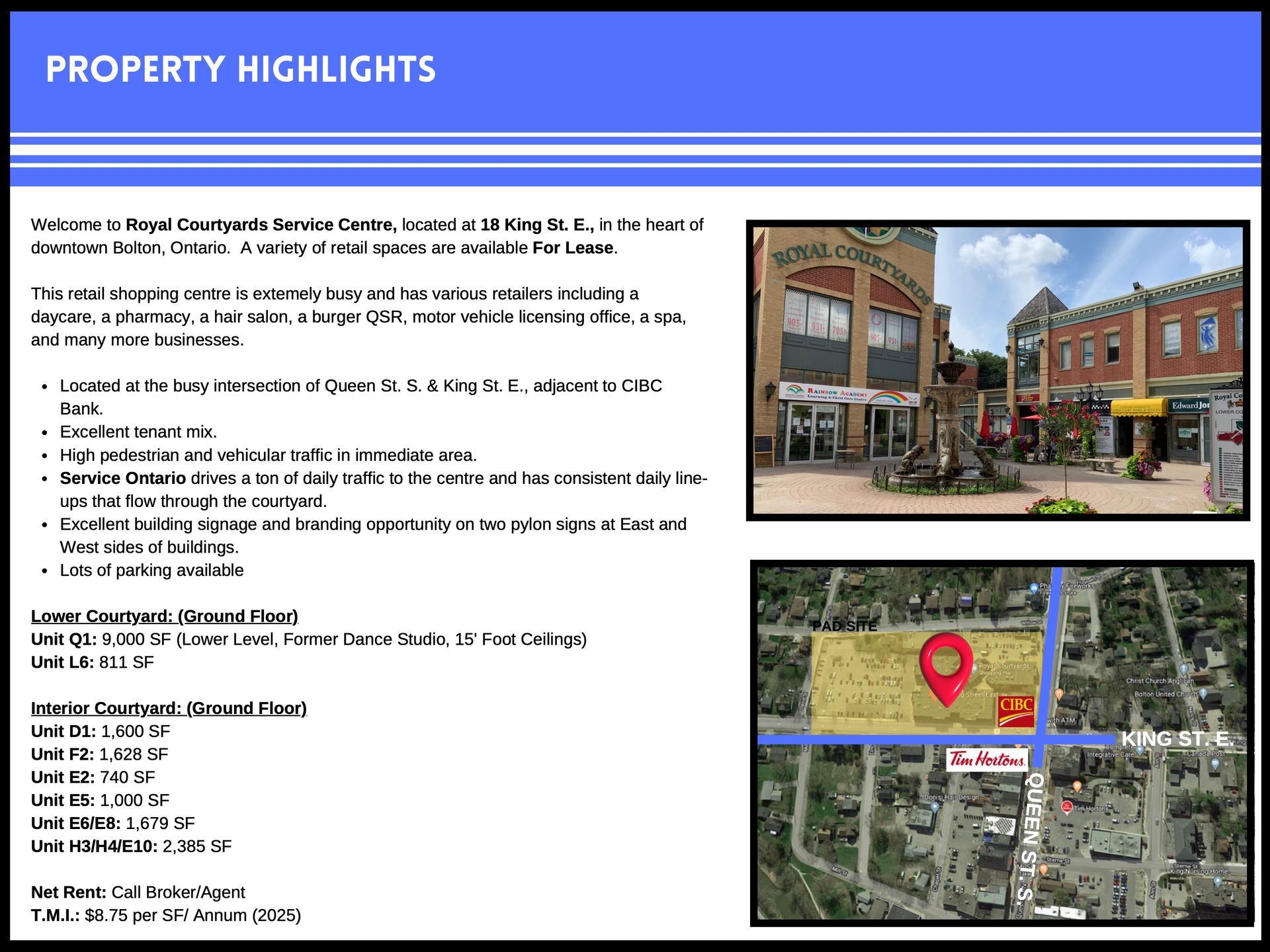 Property listing for 120 King St. E., Oshawa, featuring unit sizes, location details, a storefront photo, and a map.