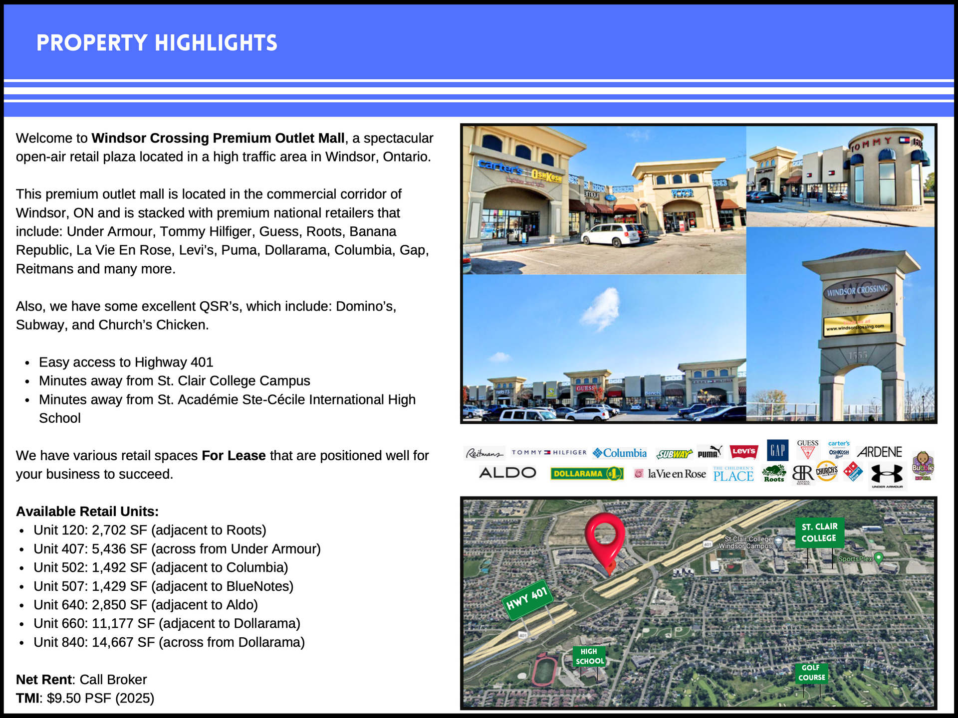Real estate flyer for Niagara Outlets featuring property highlights, store logos, available units, and a location map.