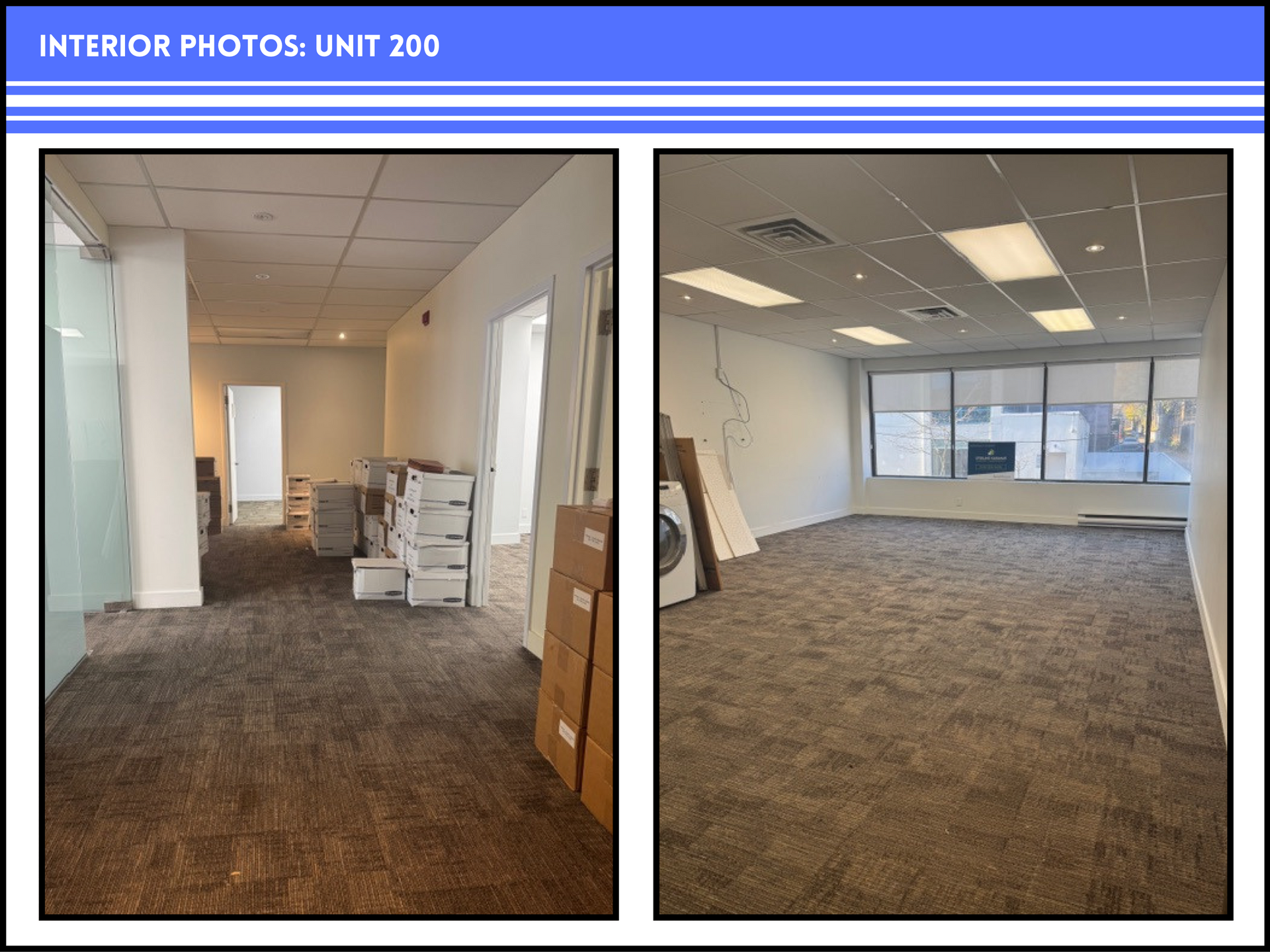 Interior photos of commercial office unit 200 showing empty carpeted rooms, large windows, and stacks of boxes.