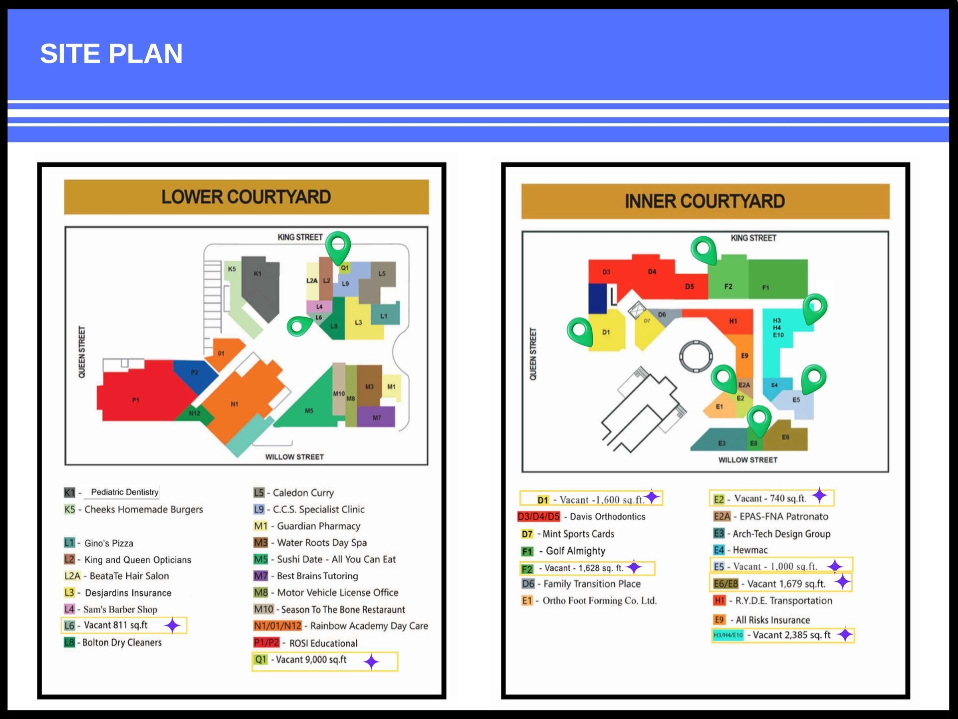 Site plan showing layout and legend for Lower and Inner Courtyards, with color-coded building locations.