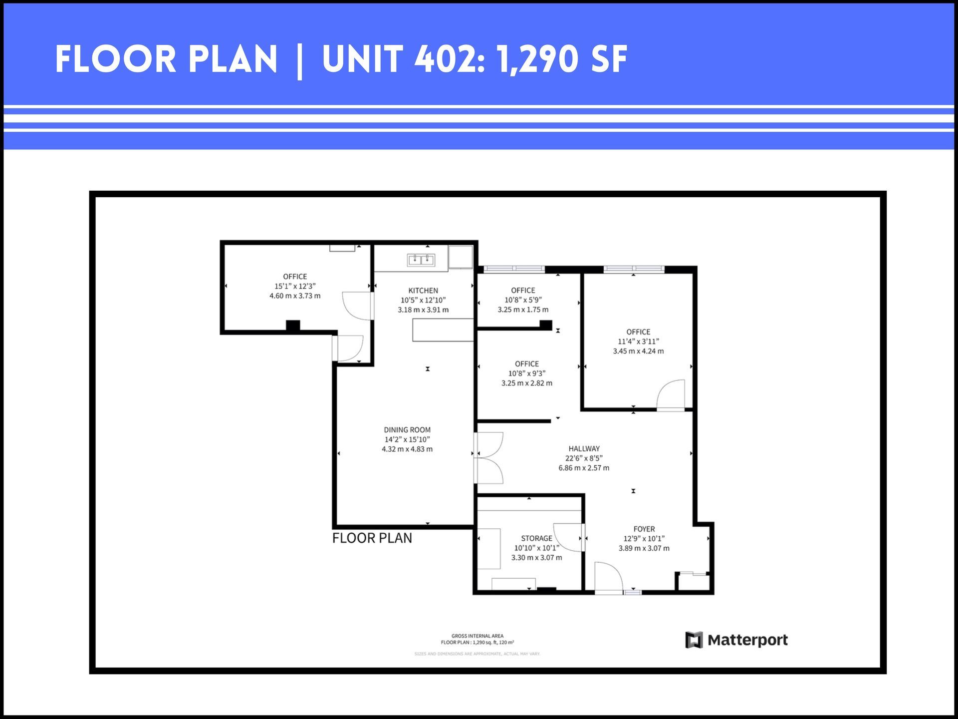 Floor plan for Unit 402, a 1,290 square foot residential unit, displayed as a black and white line drawing.