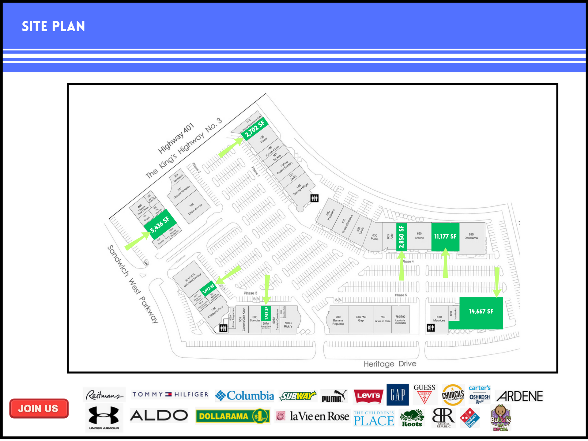 Site plan map for a shopping center with highlighted storefront locations and a list of brand logos at the bottom.