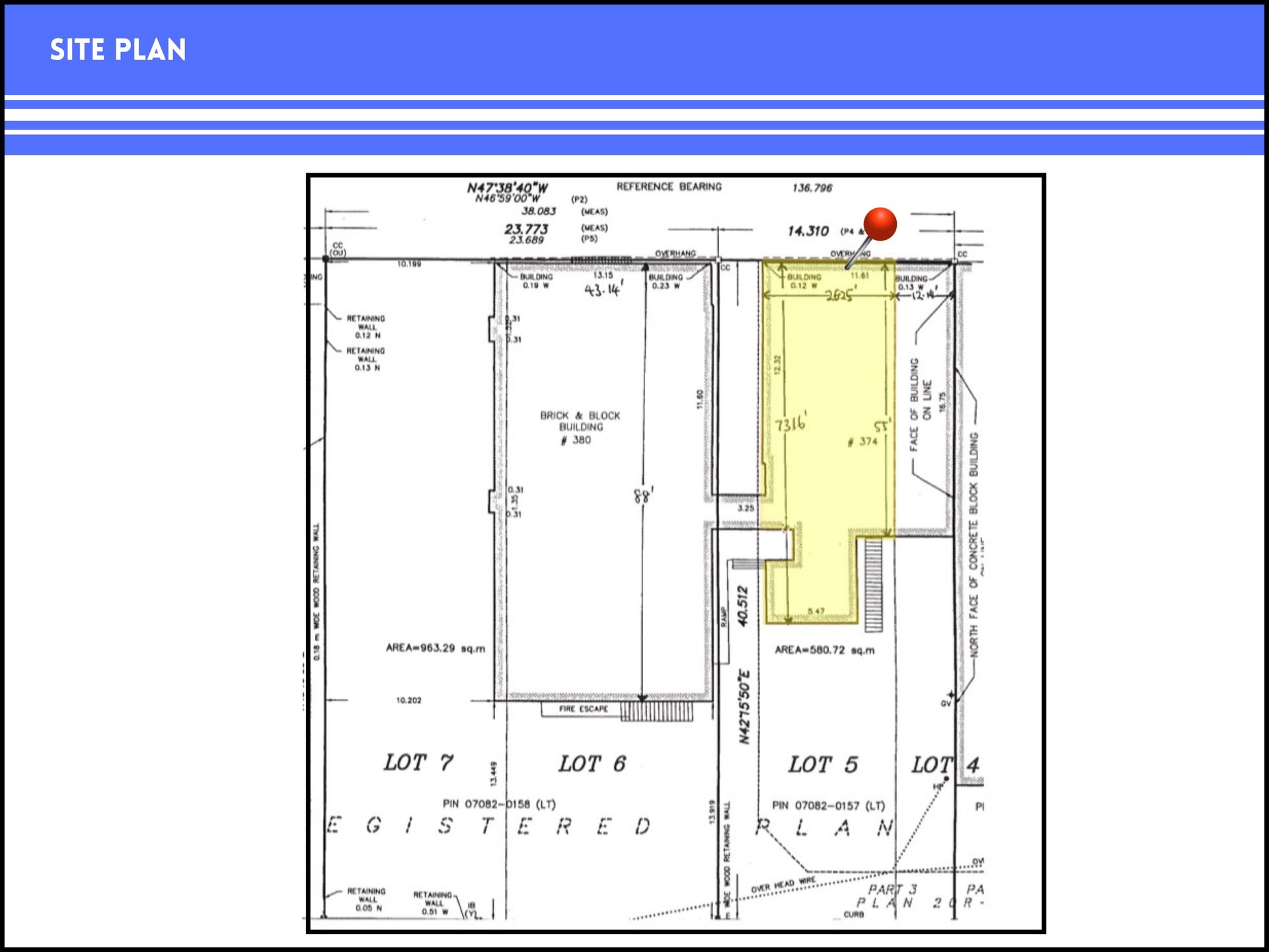 A site plan showing four adjacent lots, with a building footprint highlighted in yellow on Lot 5 and a red location pin.