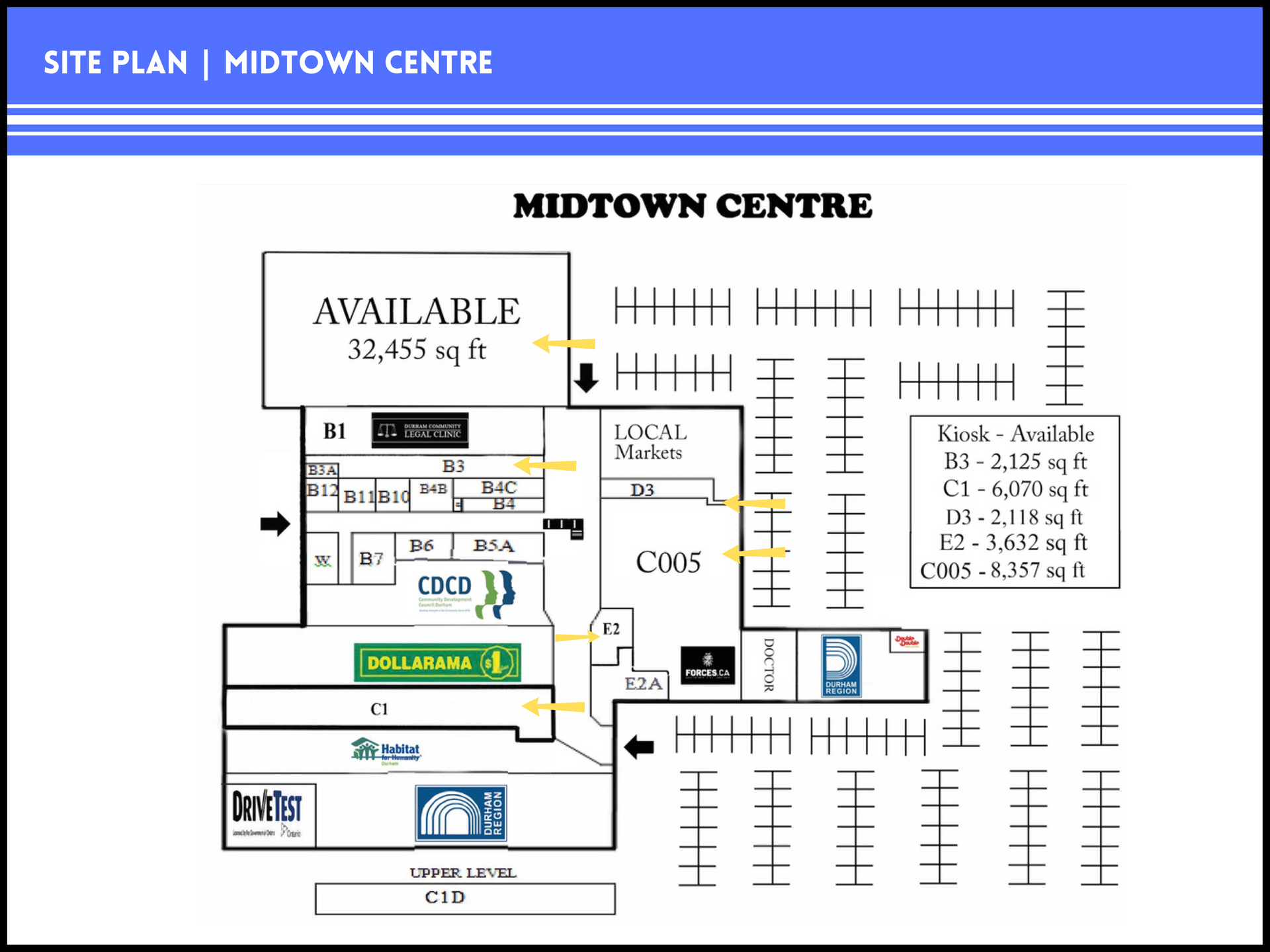 Site plan for Midtown Centre showing commercial units, parking, and available spaces in a labeled layout diagram.