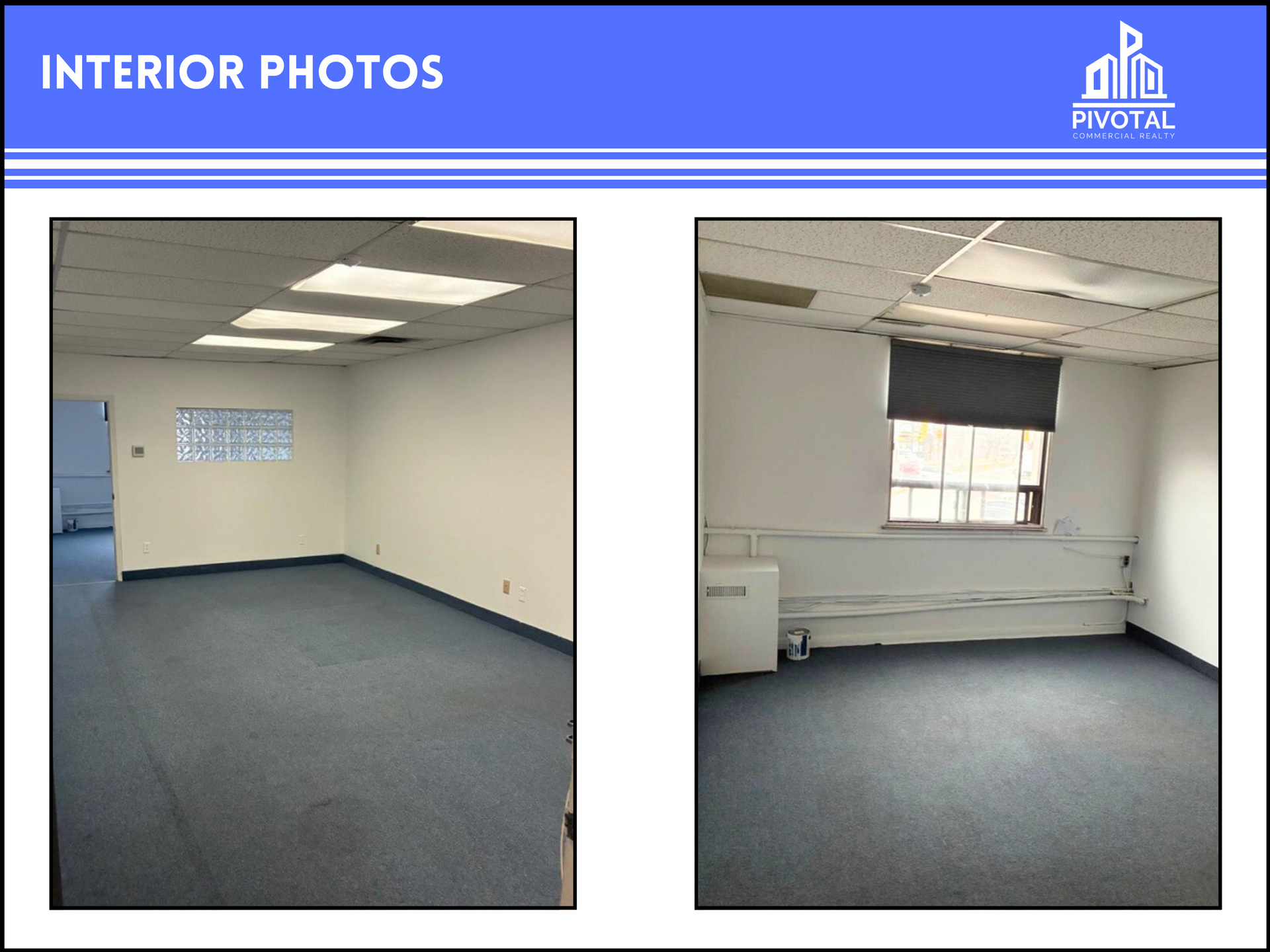 Two interior photos of an empty commercial office space with white walls, blue carpeting, and drop ceilings.